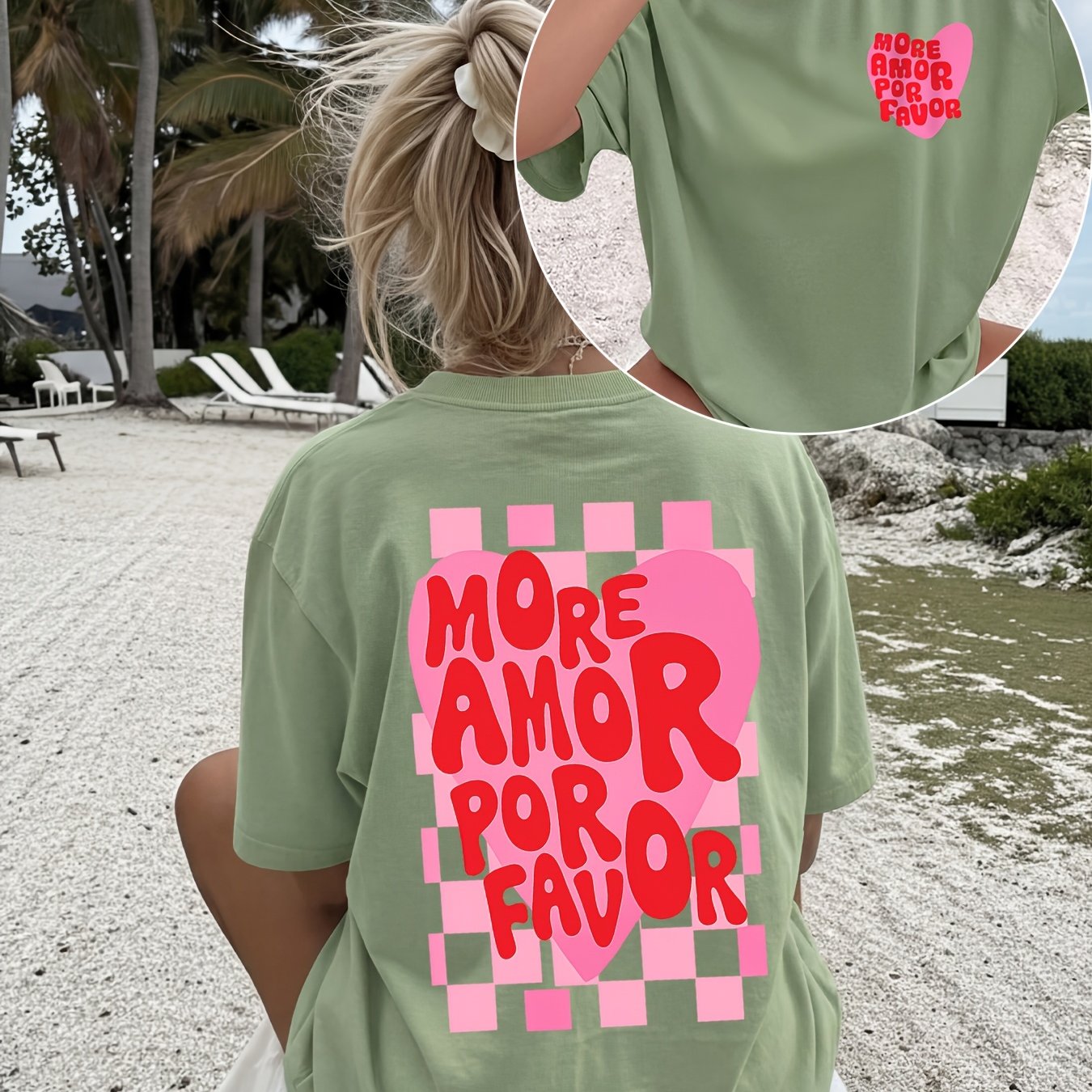 TEMU Retro ' ' Plaid Heart 's T-shirt, Summer Beach Vacation Aesthetic Double-sided Print Short Sleeve Top