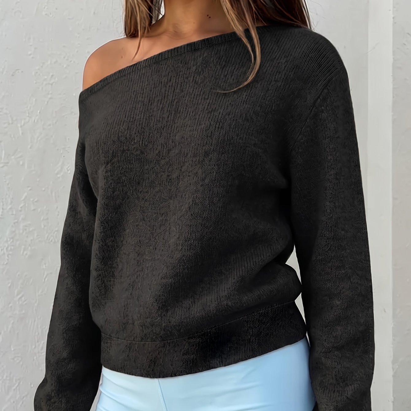 TEMU Solid Color - Women's Off-shoulder Long-sleeved Sweater, Fashionable, Elegant, Versatile, And Casual Top, An Women's Garment For Autumn And