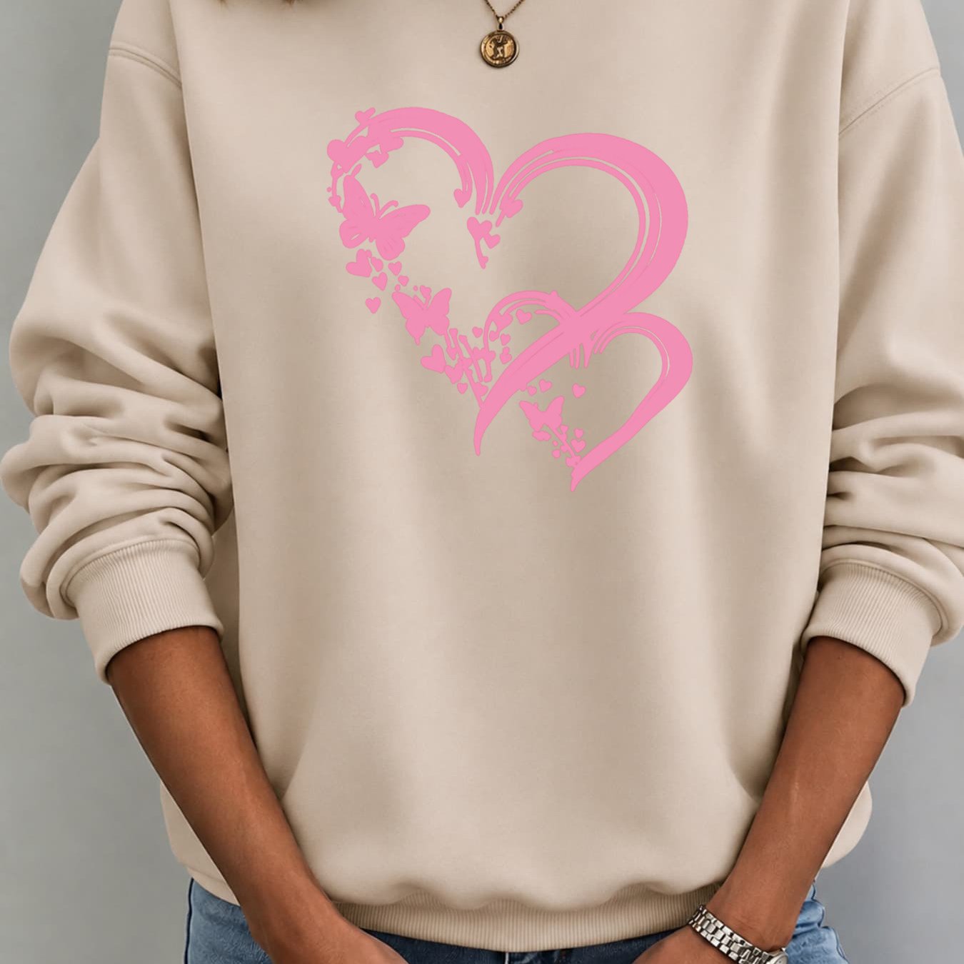 Image of Autumn Winter New Fleece Hoodie For Women: Loose Fit Crewneck Sweatshirt With Pink Heart, & Floral Print, Breathable And Comfortable For Casual Daily Wear