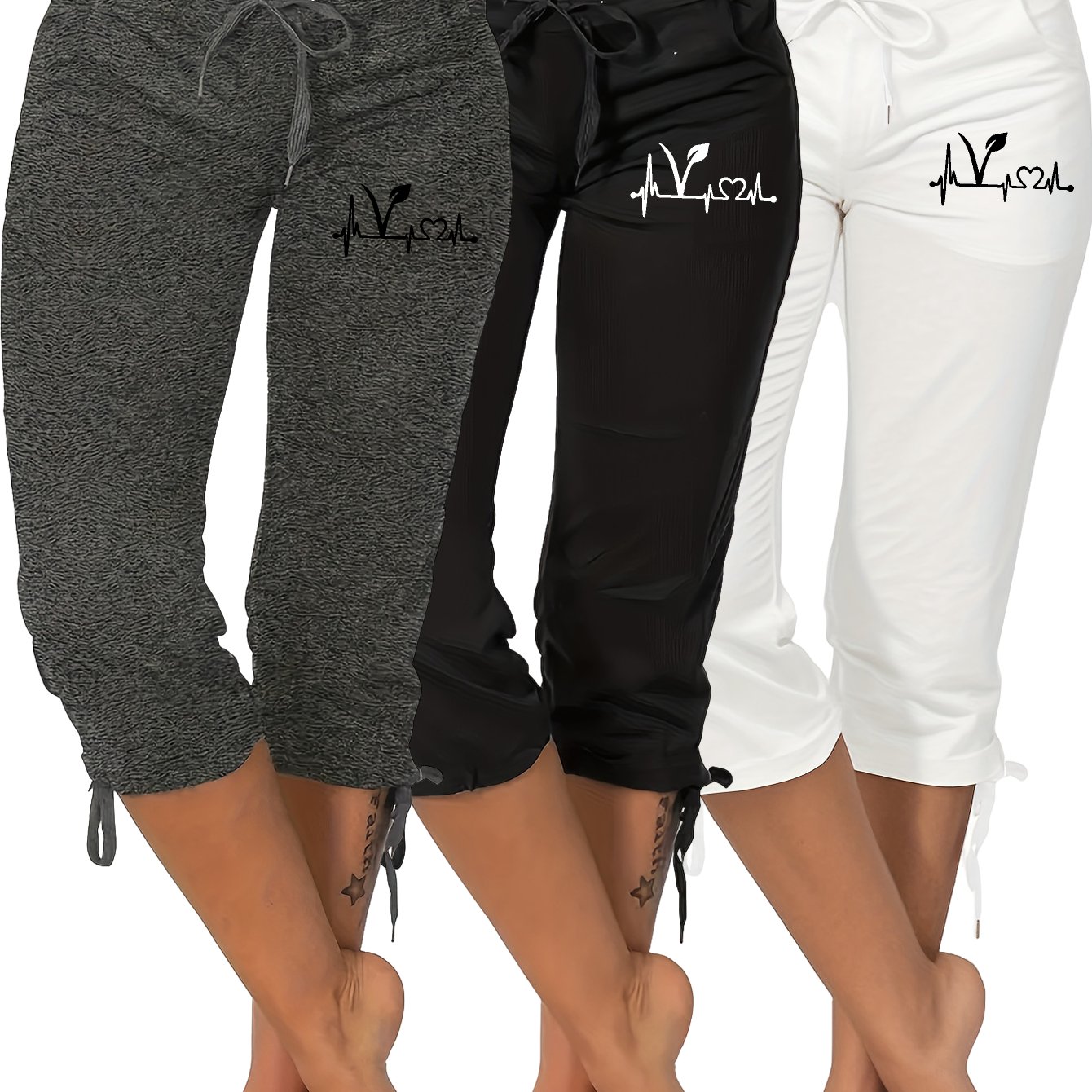 (3pcs) Women's Printed Lightweight Capri Pants With Drawstring Waist - Casual Long Pants, Comfortable And Stylish Everyday Pants For Spring/summer | Loose Fit Pants | Pants
