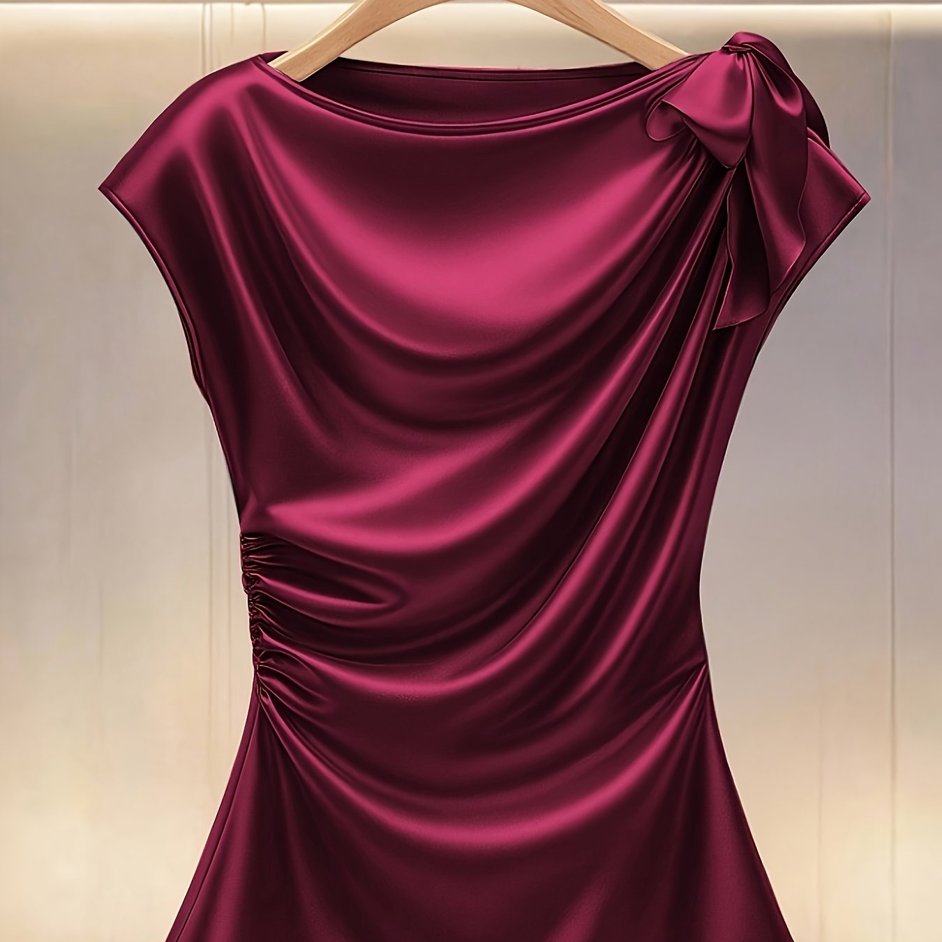 TEMU QD1124021+Lingshan Targeted+Elegantes Damen-Oberteil aus einfarbigem Satin mit Plisseefalten Schleife