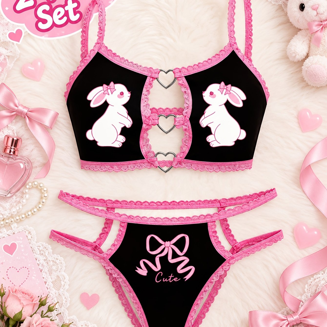 Image of Ladies' Heart-shaped Ring Strap Bra And Panty Set With Cute Rabbit Print, Pink Lace