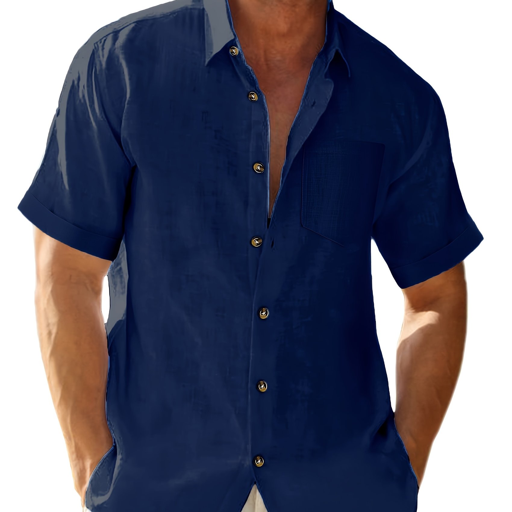 Men's Plus Size Solid Shirt - Casual Short Sleeve, Button-up, Lightweight For , Vacation Clothing|relaxed Look|, Plus Size
