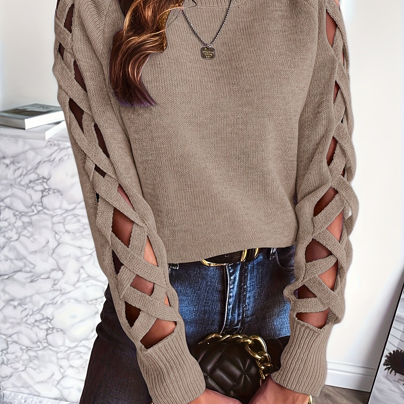 TEMU Women's Sweater - Long Sleeve Openwork Sweater Pullover, Chic Sweater For Fall/winter, Everyday & Formal Outfits - Women's Sweater Sweater,