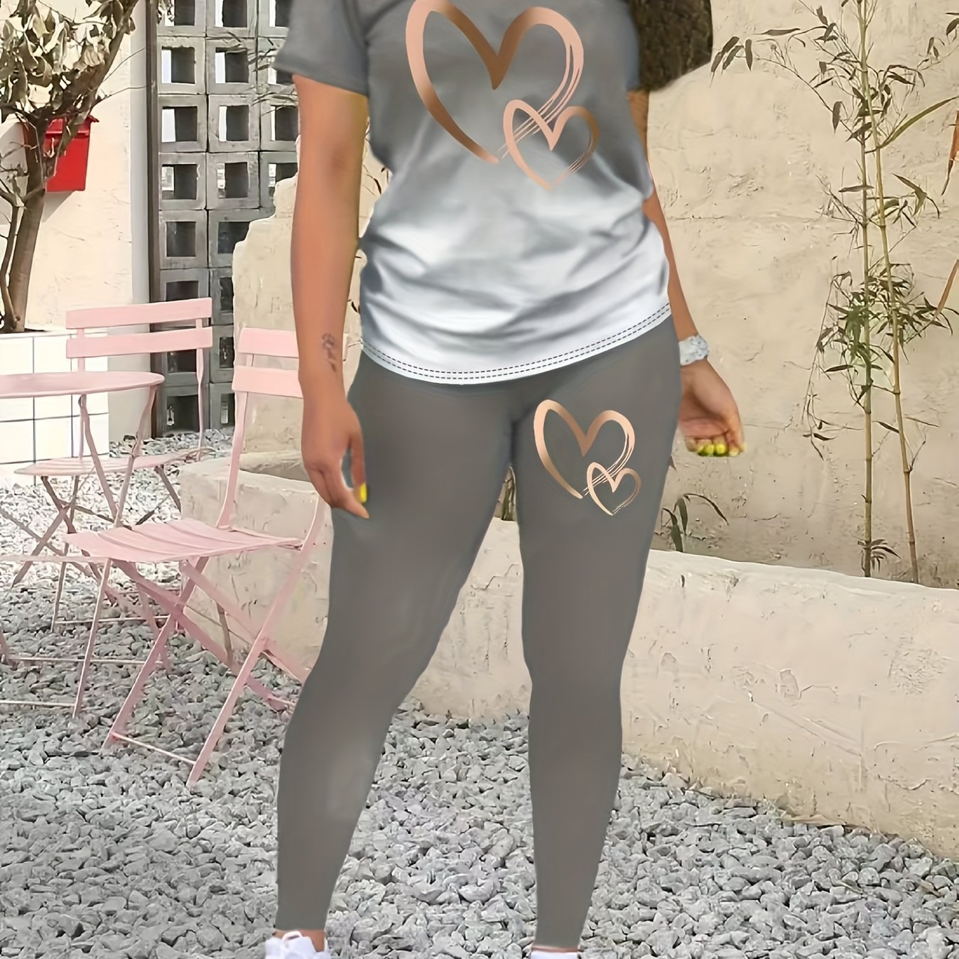 Spring/summer New Women's Clothing Gradient Heart Short Sleeve T-shirt And Long Pants 2pcs Set