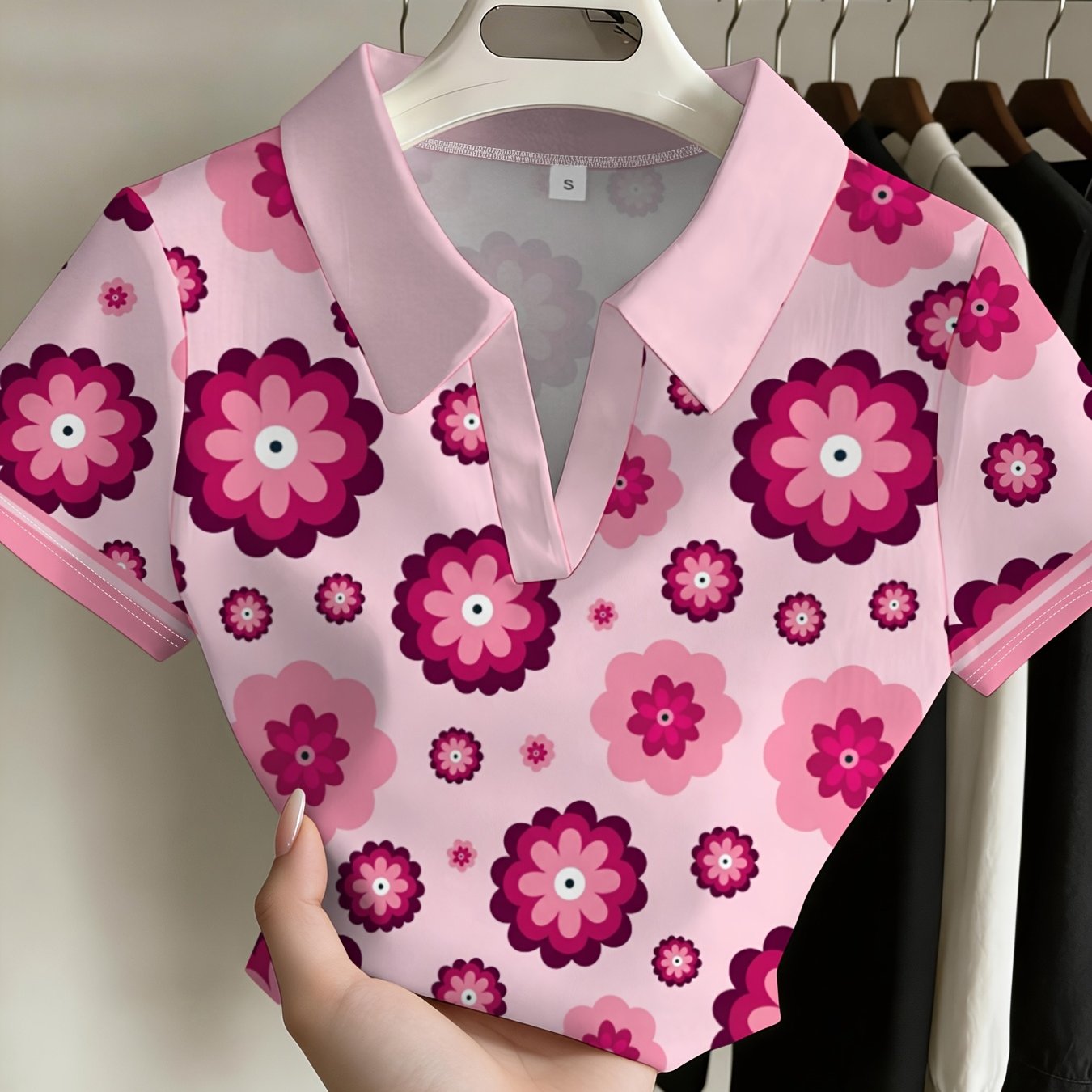 TEMU Pink Flower Print Women's Shirt Fashion Casual Versatile Summer New Breathable Comfortable Top