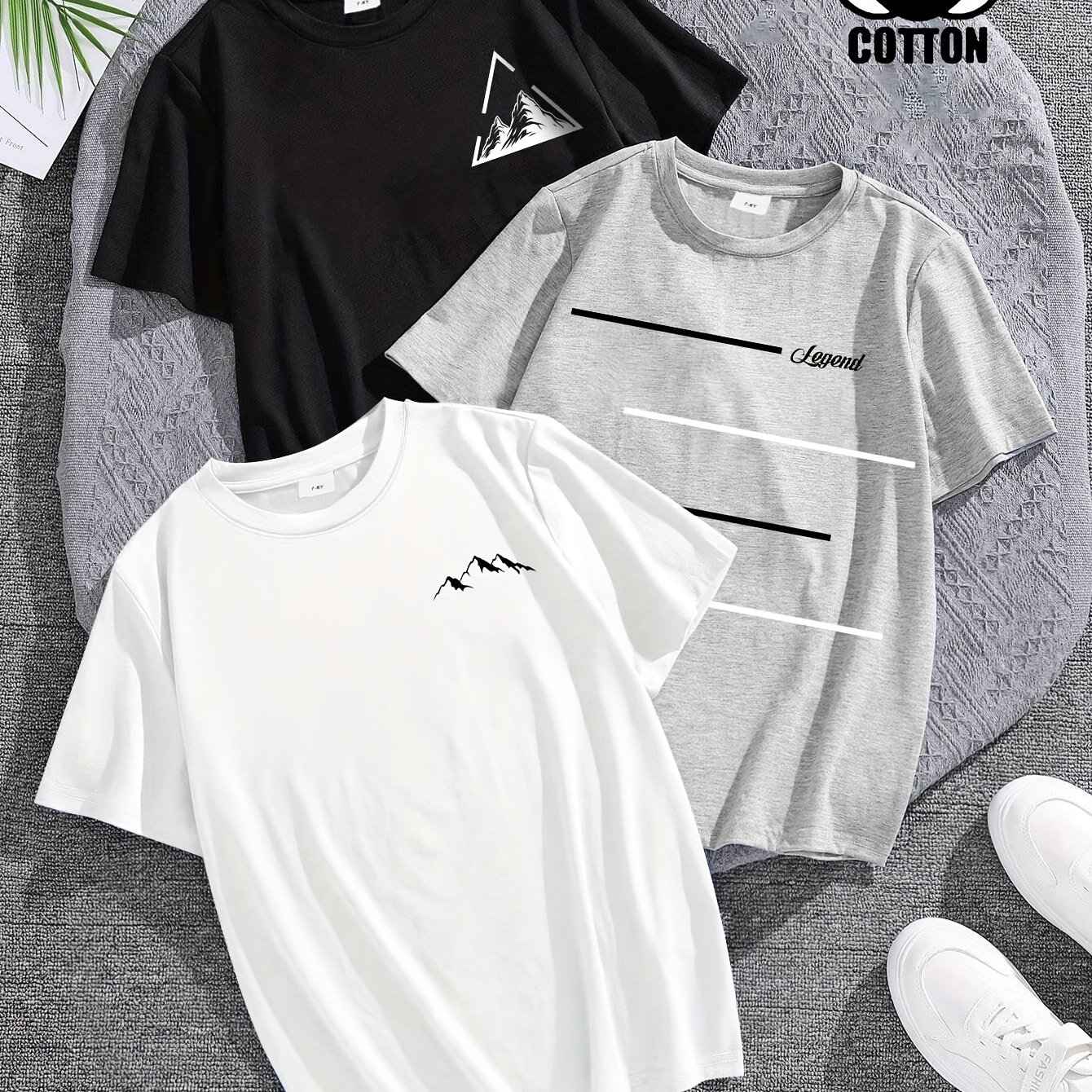 Image of 3pcs Set Tween Boys' Summer Solid Different Patterns Comfortable Round Neck Short Sleeve T-shirt Set, Suitable For 7-15 Year Old Boys' Daily Commuting, Outdoor Vacation, Summer Party
