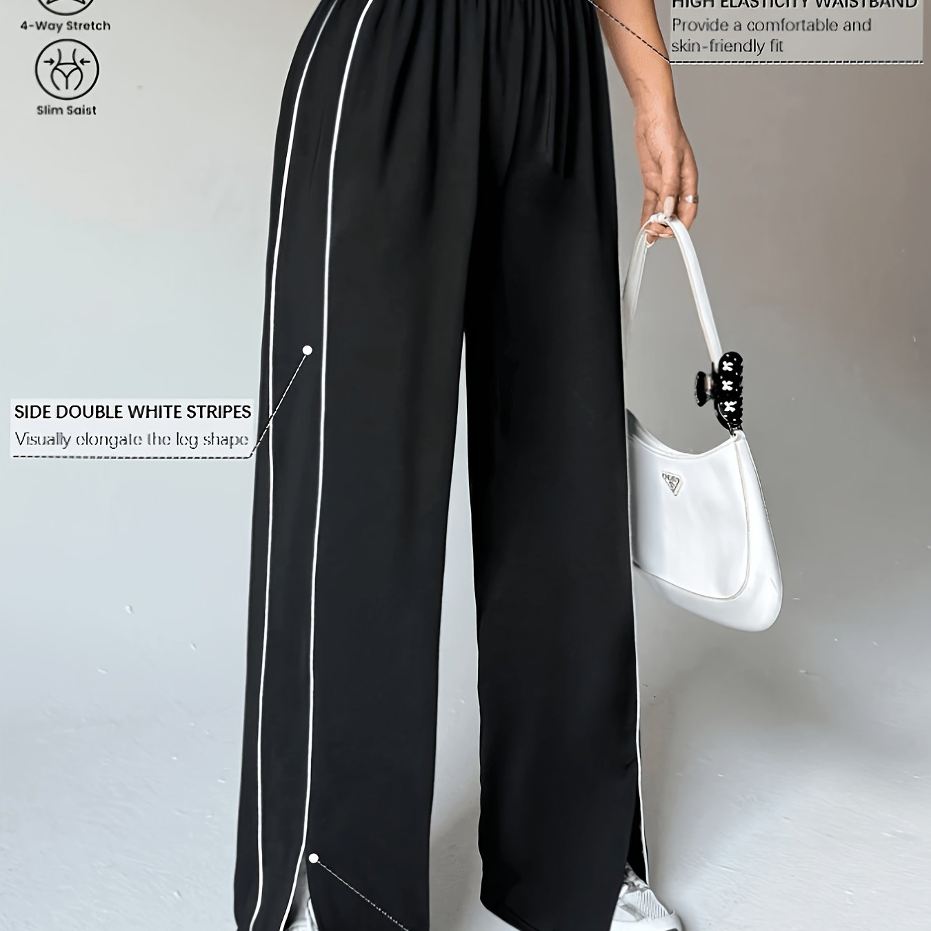 TEMU 1 pièce Pantalon de sport à jambes larges pour femme - Pantalon décontracté polyvalent avec rayures latérales blanches, adapté aux sorties