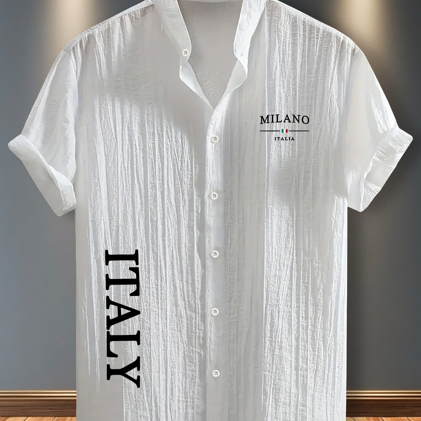 TEMU Men's Casual Fashion Short-sleeve Shirt, Italy Pattern Print On Breathable Fabric, Collar Design, Button-front Closure, Textured Shirt, ,