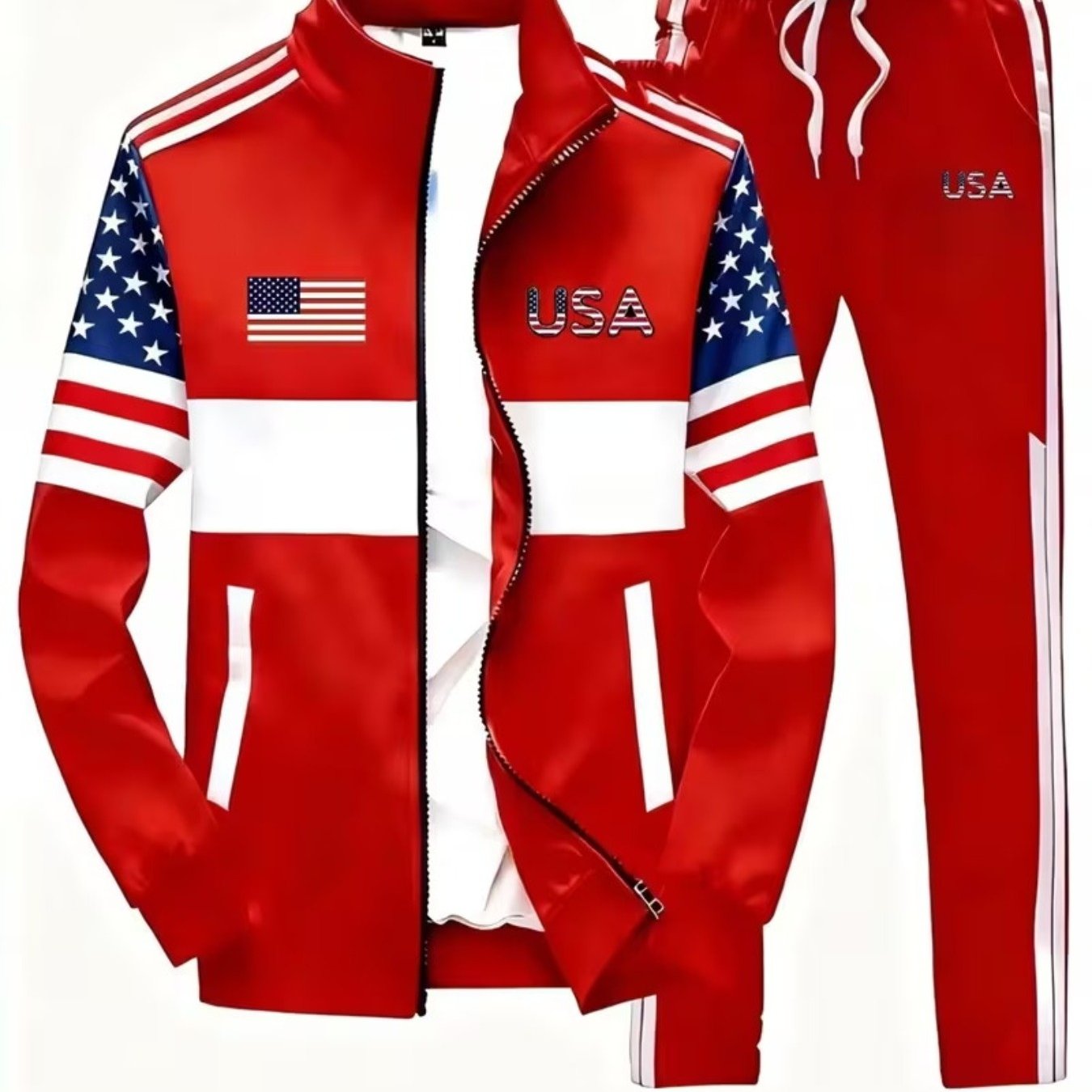 Image of [usa Flag Sportswear] Men's Track Jacket And Pants Set| Style Casual Trendy Sportswear With Usa Flag Pattern, Loose Fit, Baseball Collar, Stretch Fabric, Printed Details