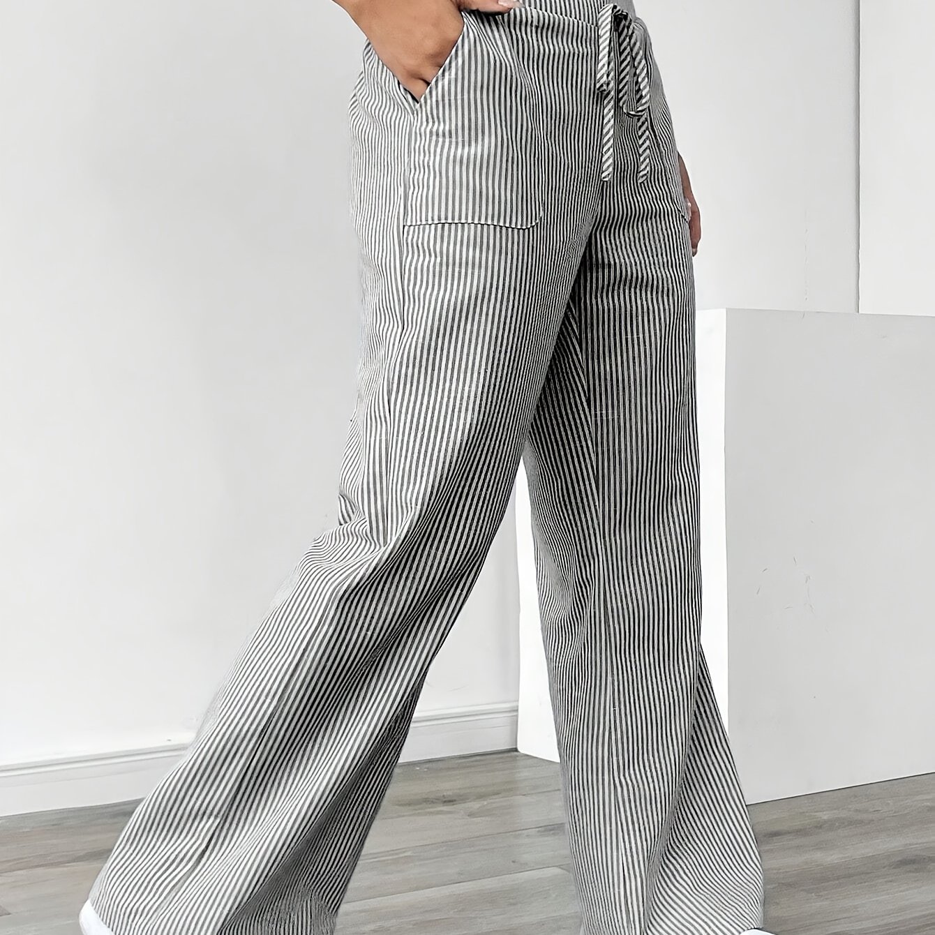TEMU Women's Blue Striped Wide Pants, Casual And Holiday