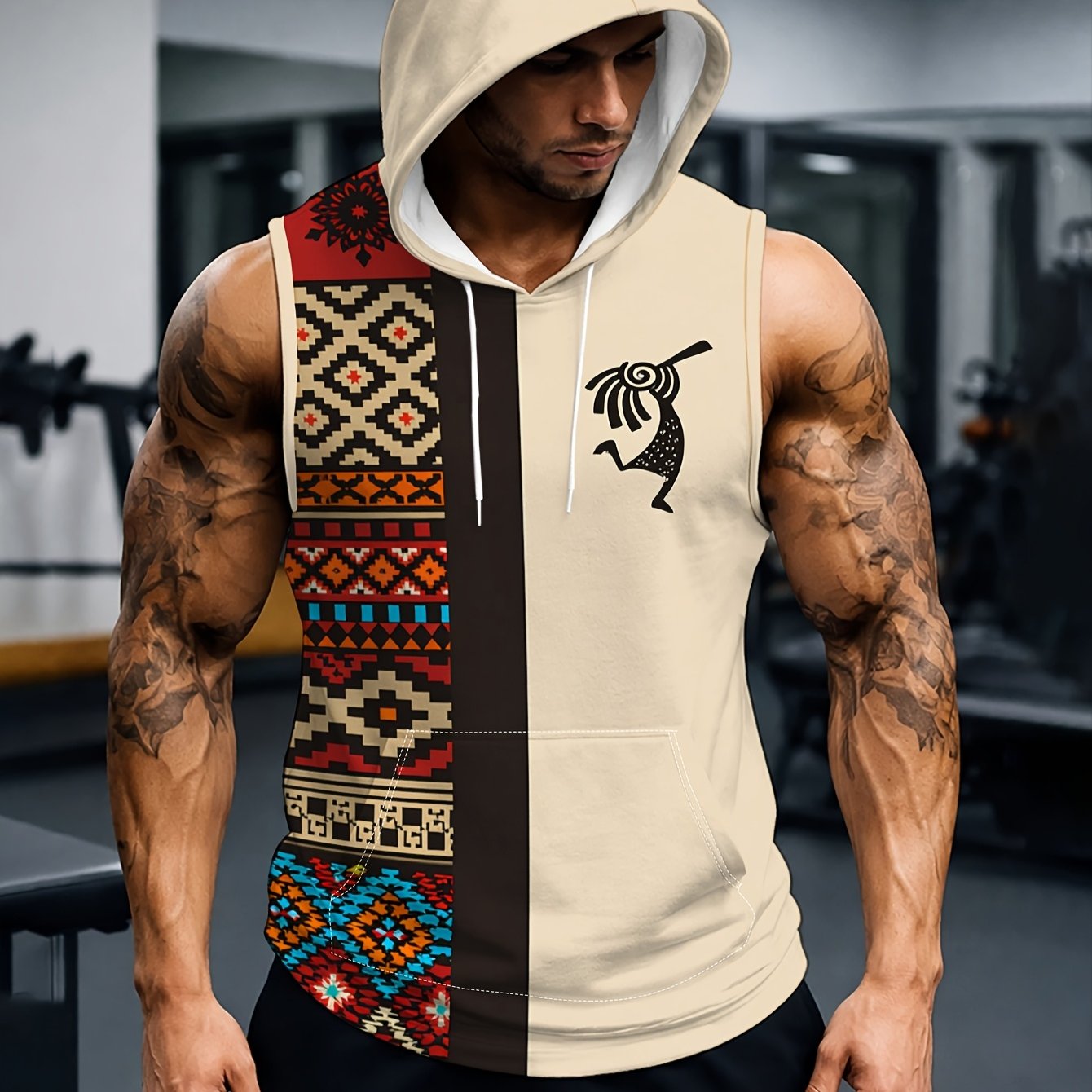 TEMU Men's Sleeveless Hoodie With Ethnic Design - Breathable Hooded Suitable For Sports, Gym & Casual Wear, Loose Fit Summer Top With Tribal/urban