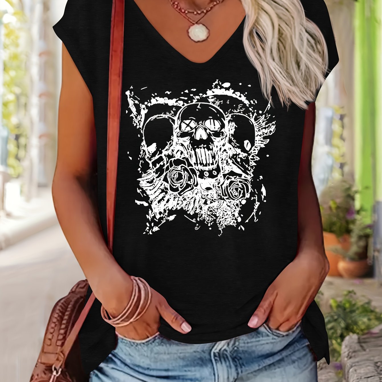 TEMU Skull And Rose Pattern Printed V-neck Short Sleeve T-shirt