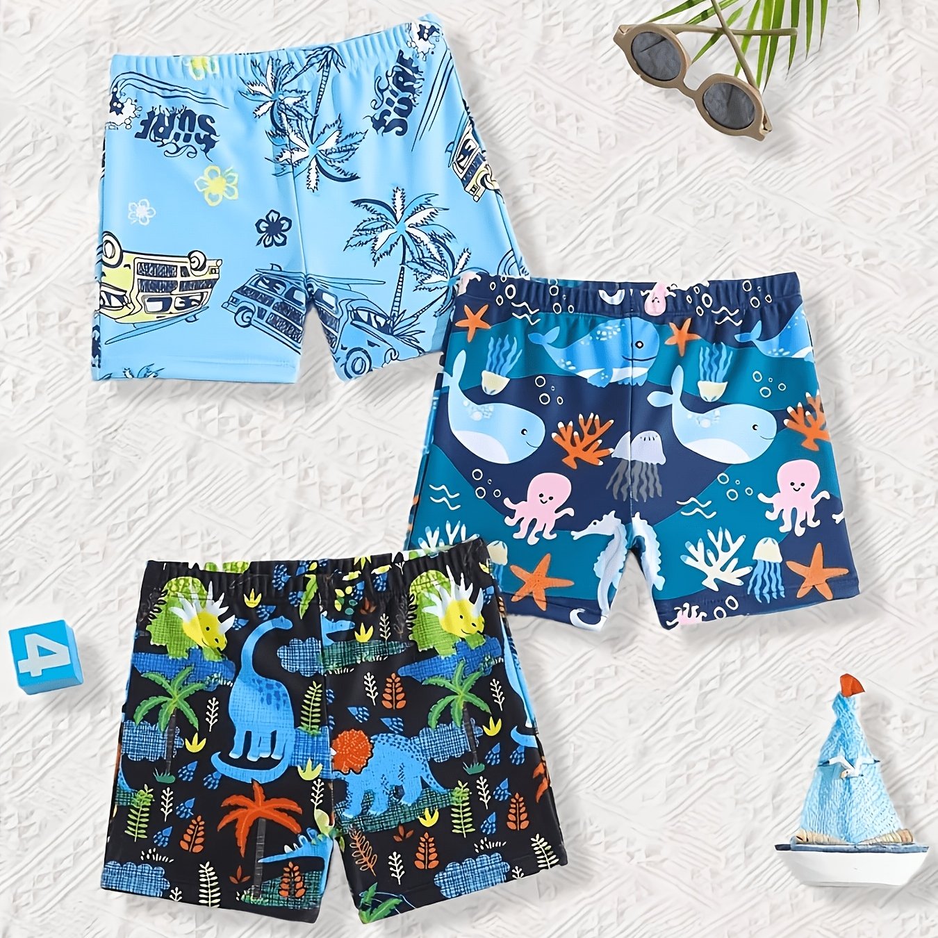 Image of 3pcs Boys' Casual Fashion Cartoon Print Swim Shorts, Comfortable Swim Trunks For Children, Vacation Summer Wear