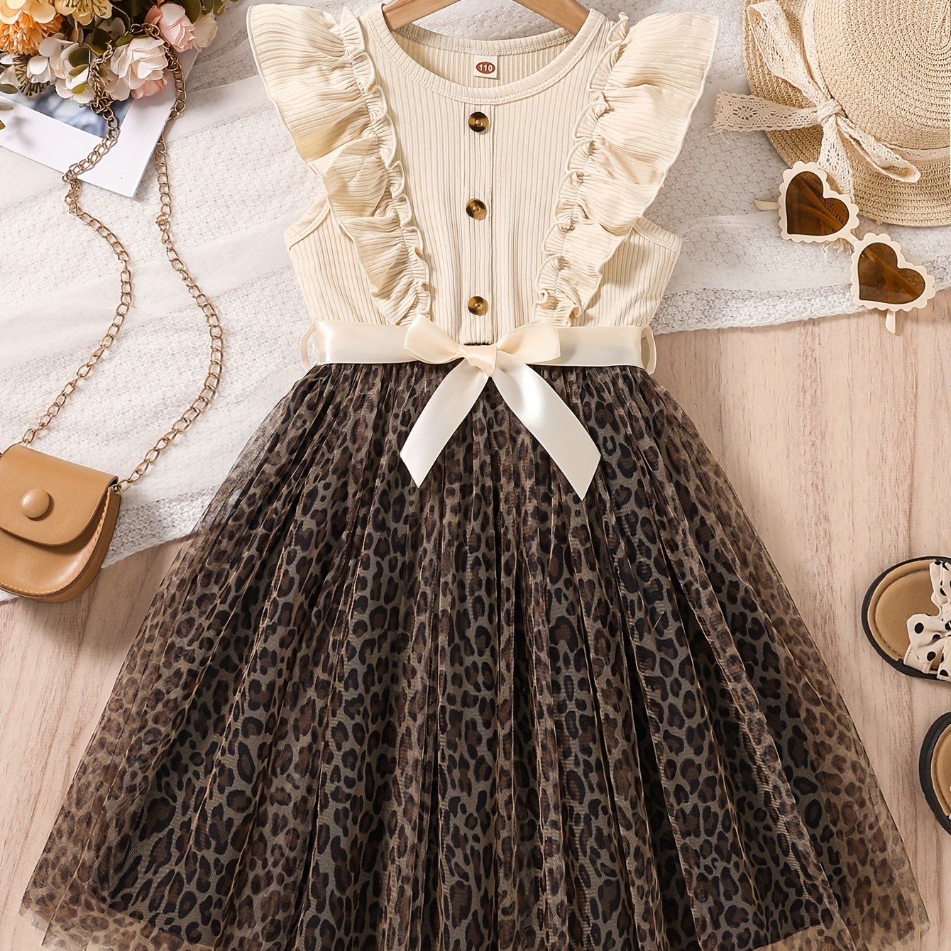 Image of Girl's Sweet And Cool Leopard Print Dress With Flutter Sleeves, Mesh Flared Princess Dress, Stylish Bow Waist Cinching Children's Birthday Performance Dress