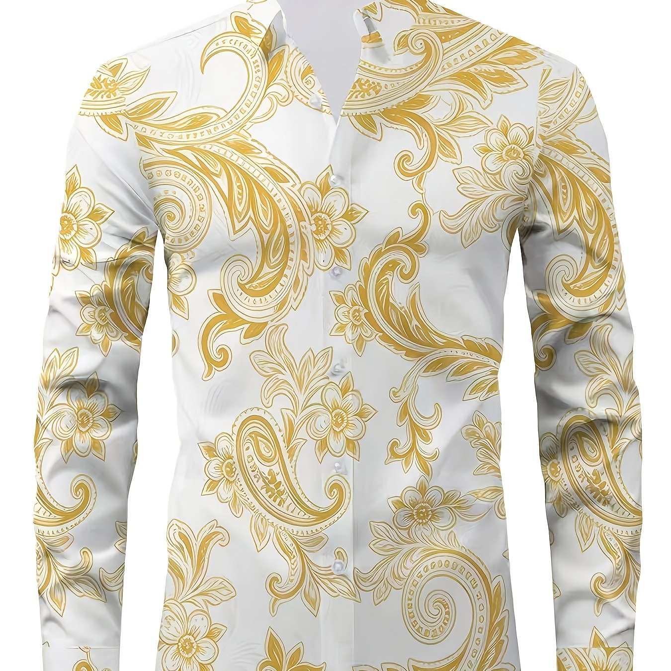 TEMU Men's Yellow And White Paisley Pattern Shirt Vintage Casual Long Sleeve Lapel Shirt