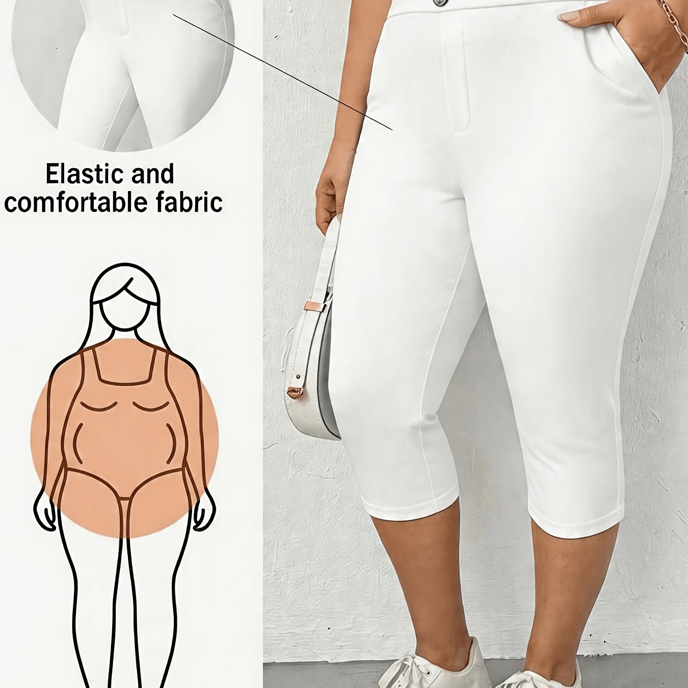 TEMU Plus Size Women's Spring Summer Fashion Casual Stretch Comfortable Style, Slant Pocket Multi-functional Slim Fit Elastic Waist Solid Color Capri