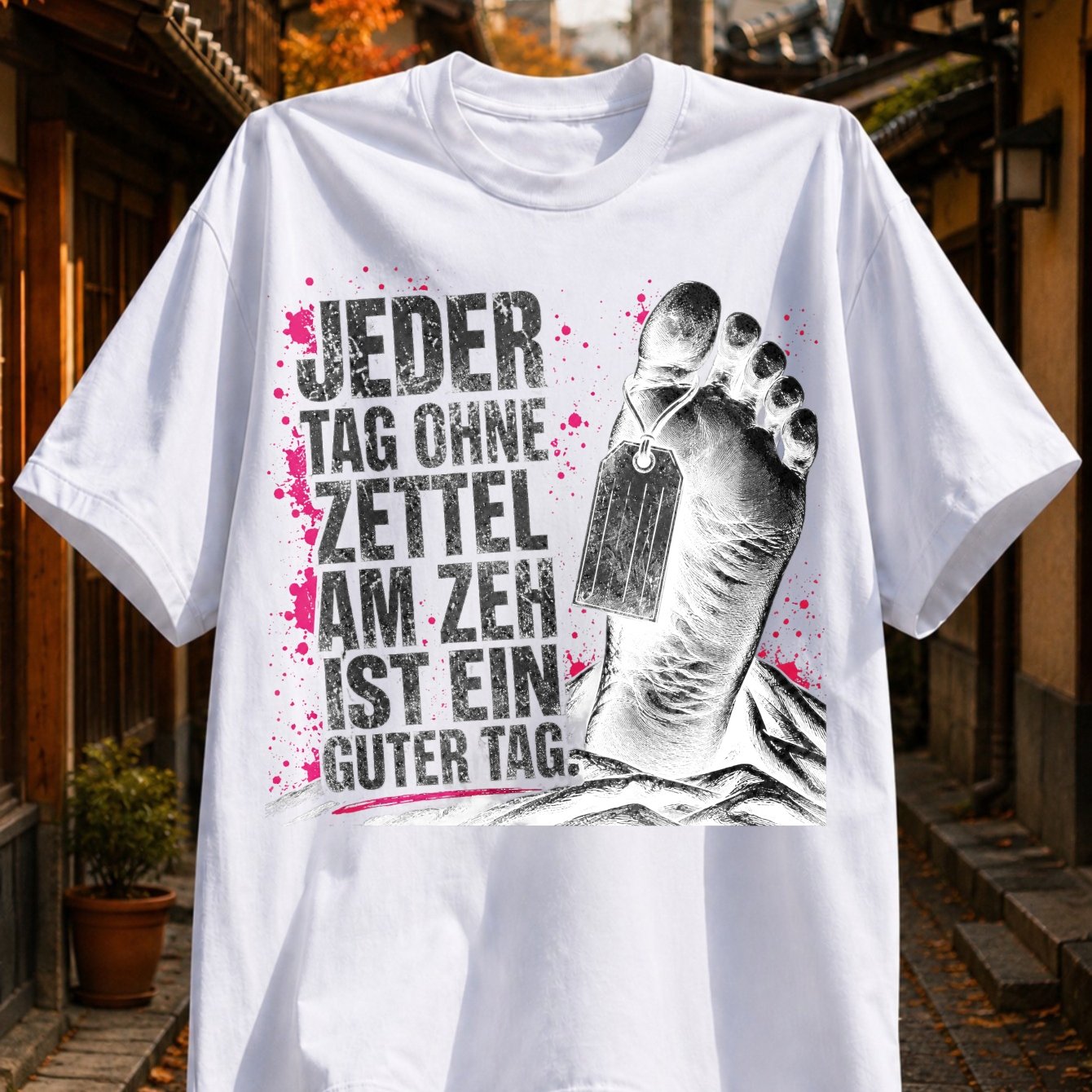 Image of Unisex Casual Dark Humor Toe Tag Graphic Tee Printed With Jeder Tag Ohne Am Zeh Ist Ein Guter Tag Unisex T-shirt