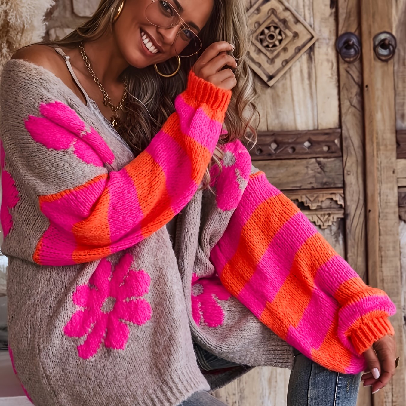 Niannian Color-block Striped Sleeve Floral Print Cropped Cardigan