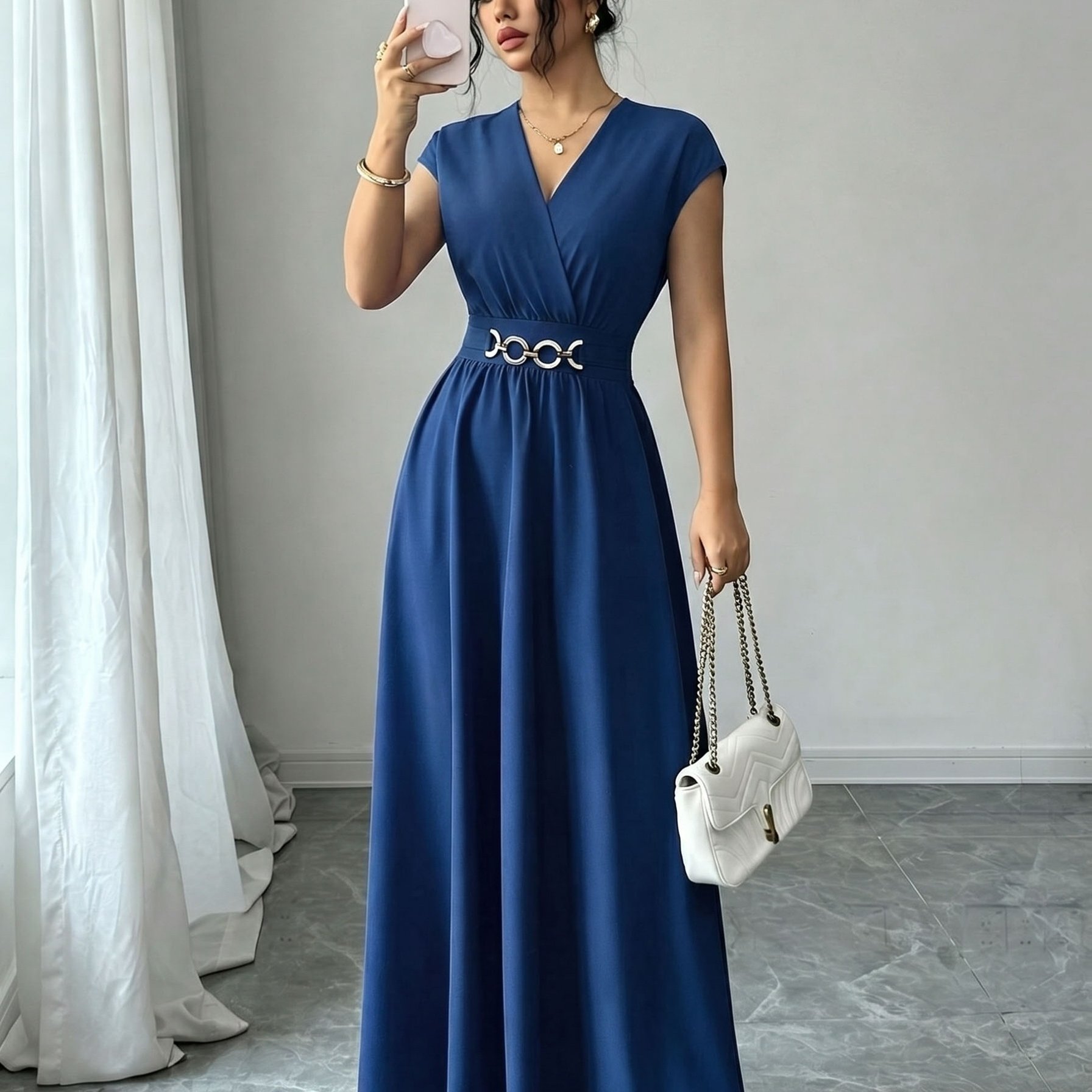 TEMU Women' Color Elegant Dress, A-line Flowy Skirt, New Summer Long V-neck , Casual Wear To Formal Pretty Dress, Machine Washable