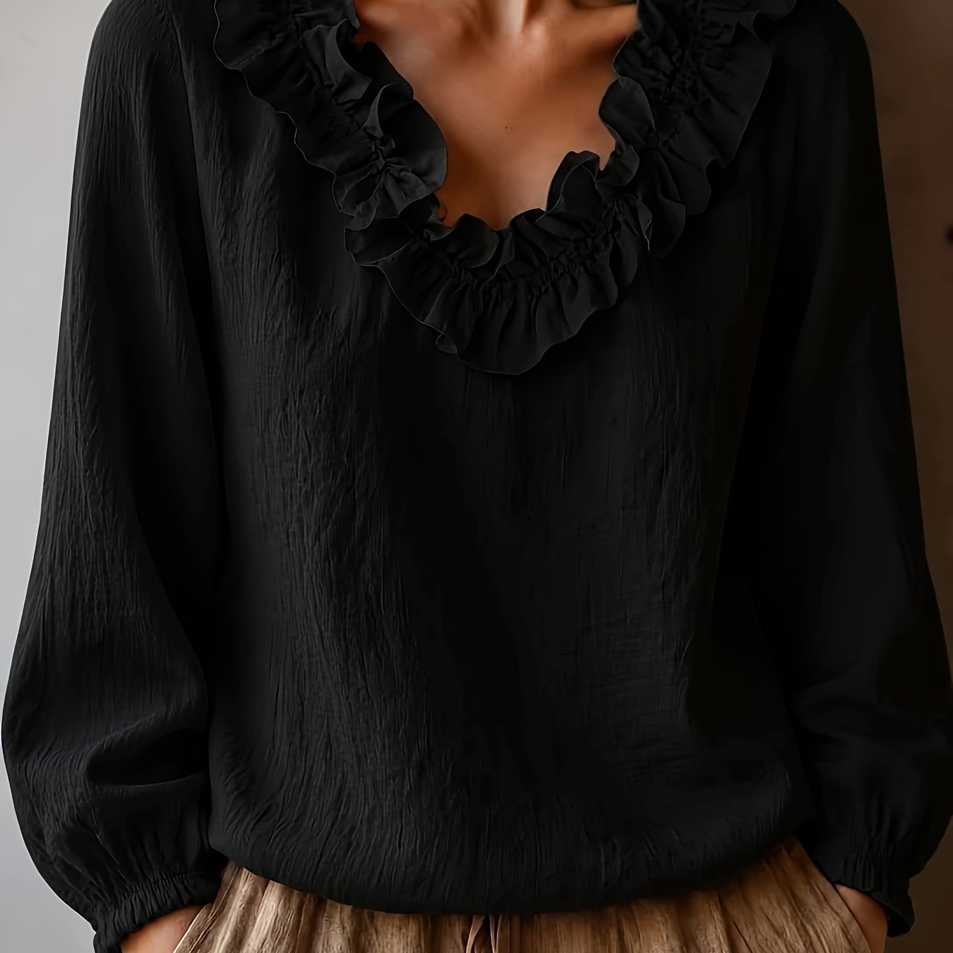 TEMU T-shirt à manches longues décontracté pour femmes, printemps et automne, à volants et patchwork, en tissu et confortable
