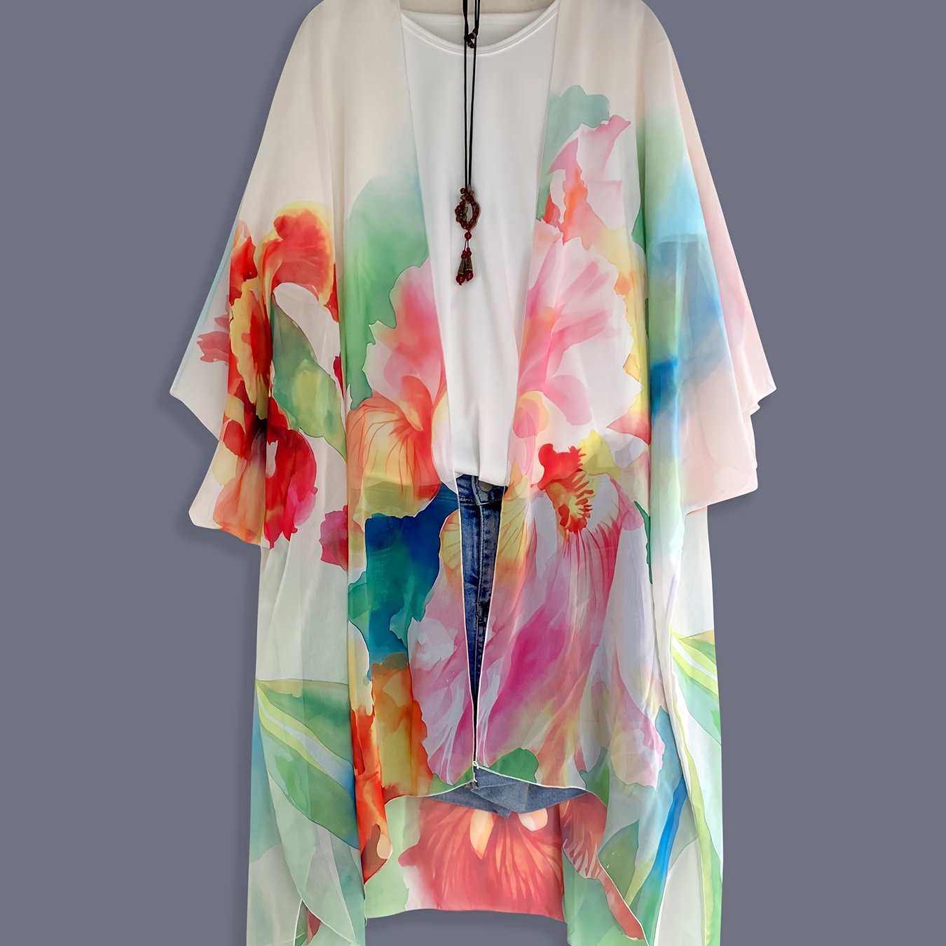 TEMU Western Loose Plus Size Bohemian Fashion Casual Summer Floral Print Chiffon Air-conditioned Kimono Cardigan Beach Travel Vacation Women's