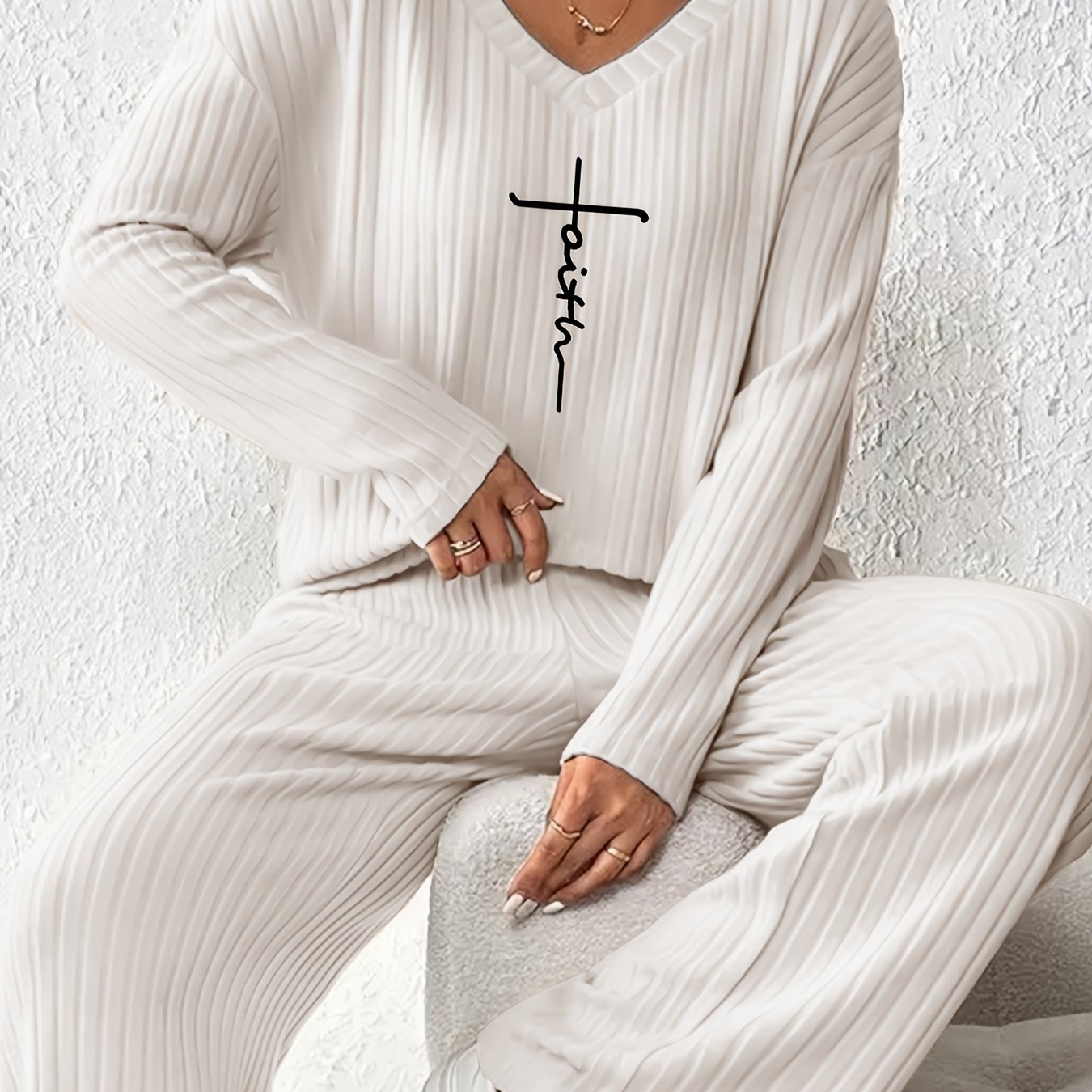 Letter Pattern Ribbed Two-piece Set, V Neck Long Sleeve Top & Elastic Waist Pants Outfits, Women's Clothing