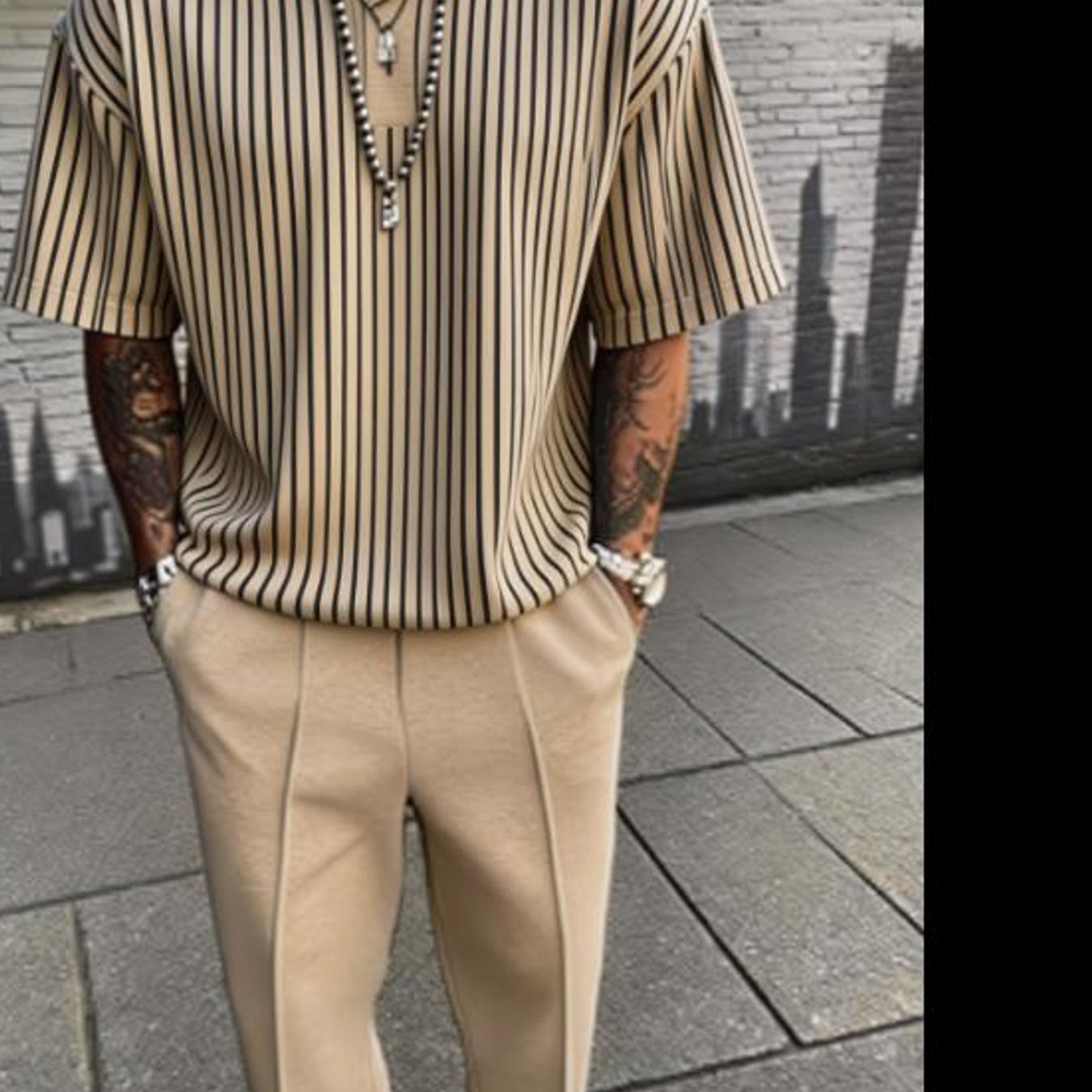Image of Urban Fashion Minimal Stripe Pattern Men's Casual Outfit Short Sleeve Shirt And Pants 2pcs Set Men's Clothing Trendy Stylish Set Weekend Outfit Gift For Boyfriend Birthday Gift, Plus Size