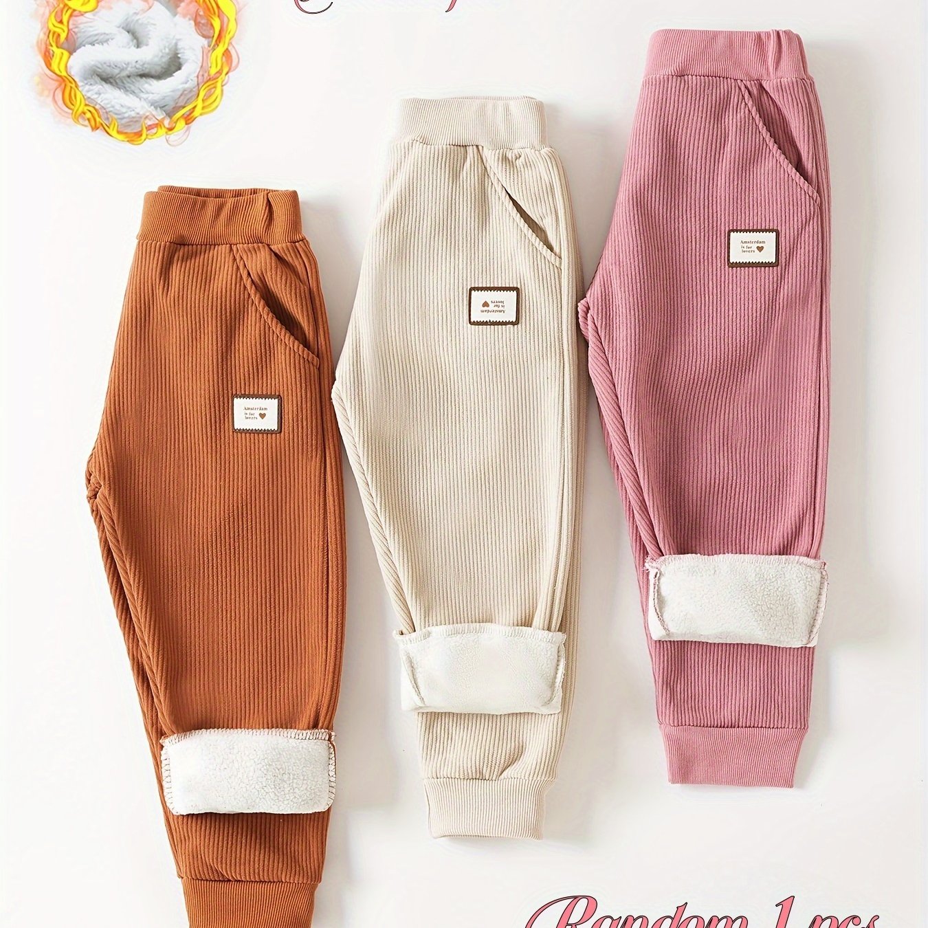 Image of Random 1pc Girls' Corduroy Warm Long Pants With Lining And Label, Casual Comfortable Fashion Autumn/winter Outdoor Sports Trousers