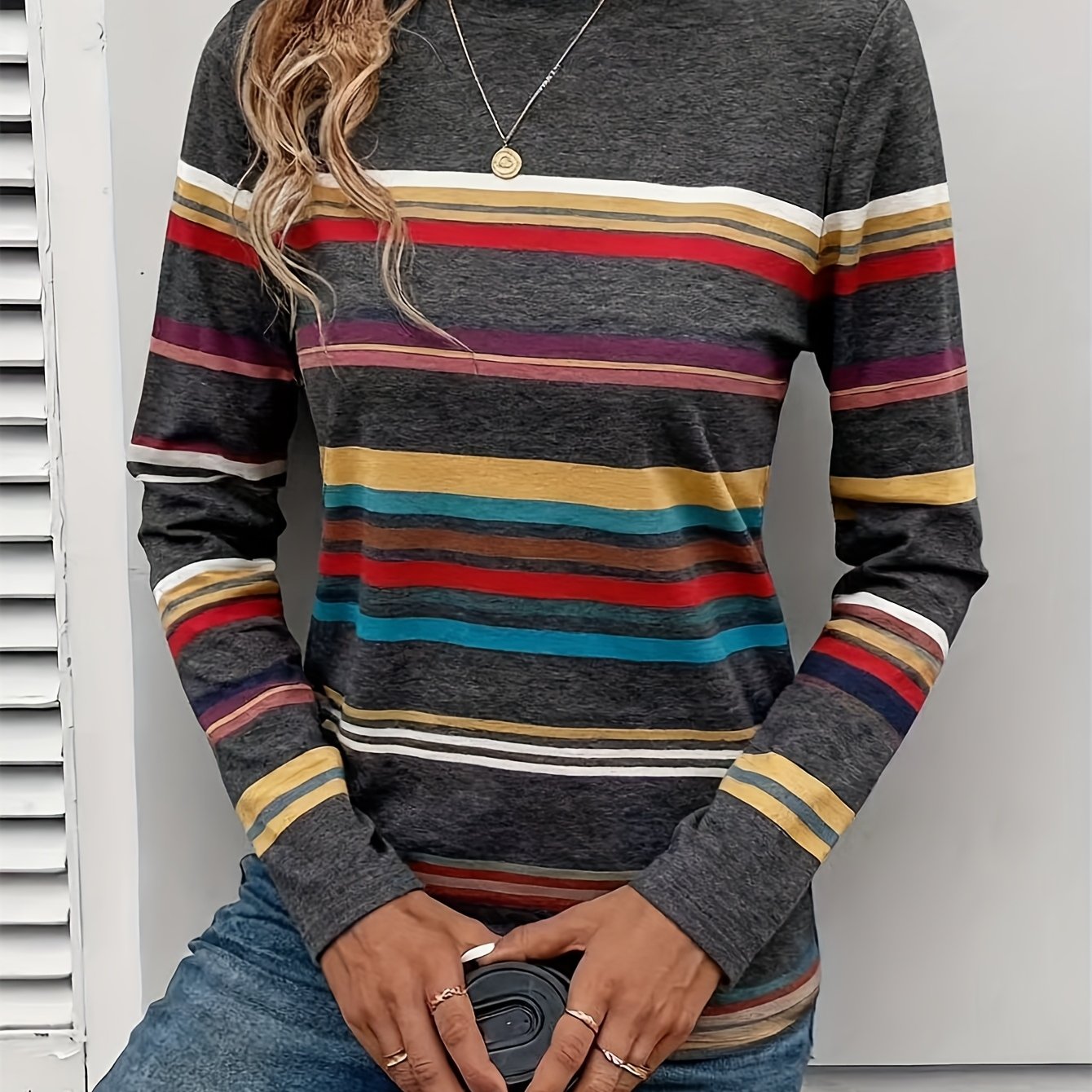Image of Women's New Casual Spring/autumn Fashion Round Neck Striped Long Sleeve T-shirt