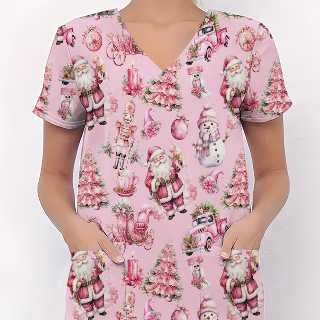 TEMU Plus Size, Women's Fashion V-neck Short-sleeve Scrub Top With Pockets, Featuring Vibrant Cartoon Elements, Breathable , Suitable For And Daily