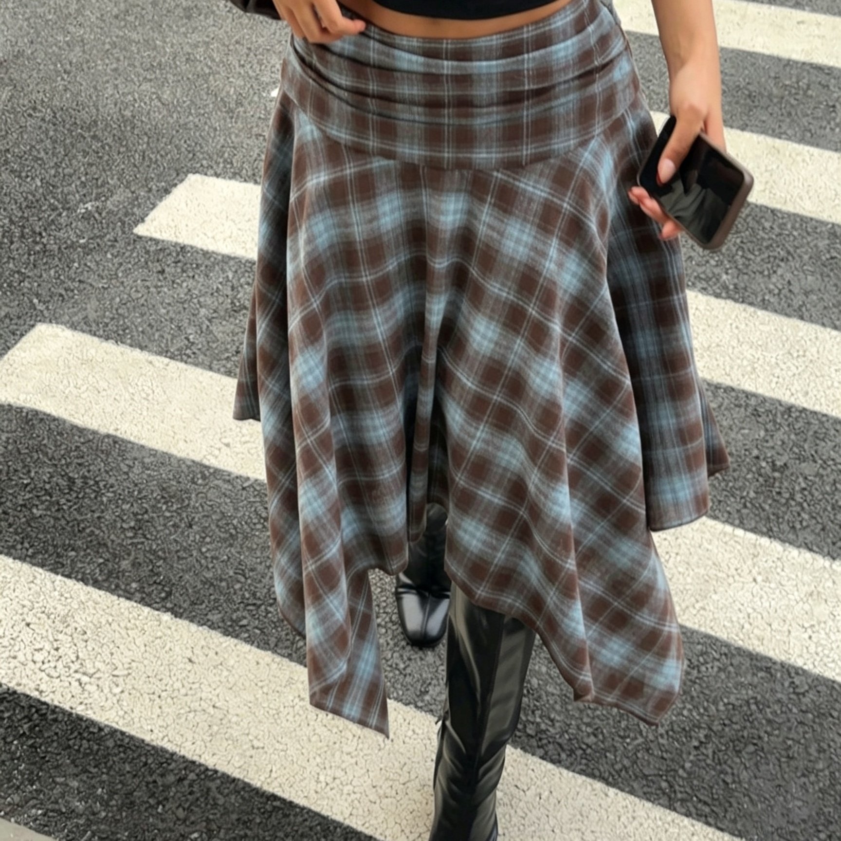 TEMU Jupe mi-longue à carreaux vintage Y2K pour femme - Jupe taille haute à ourlet asymétrique adaptée à toutes , lavable en machine, non extensible,