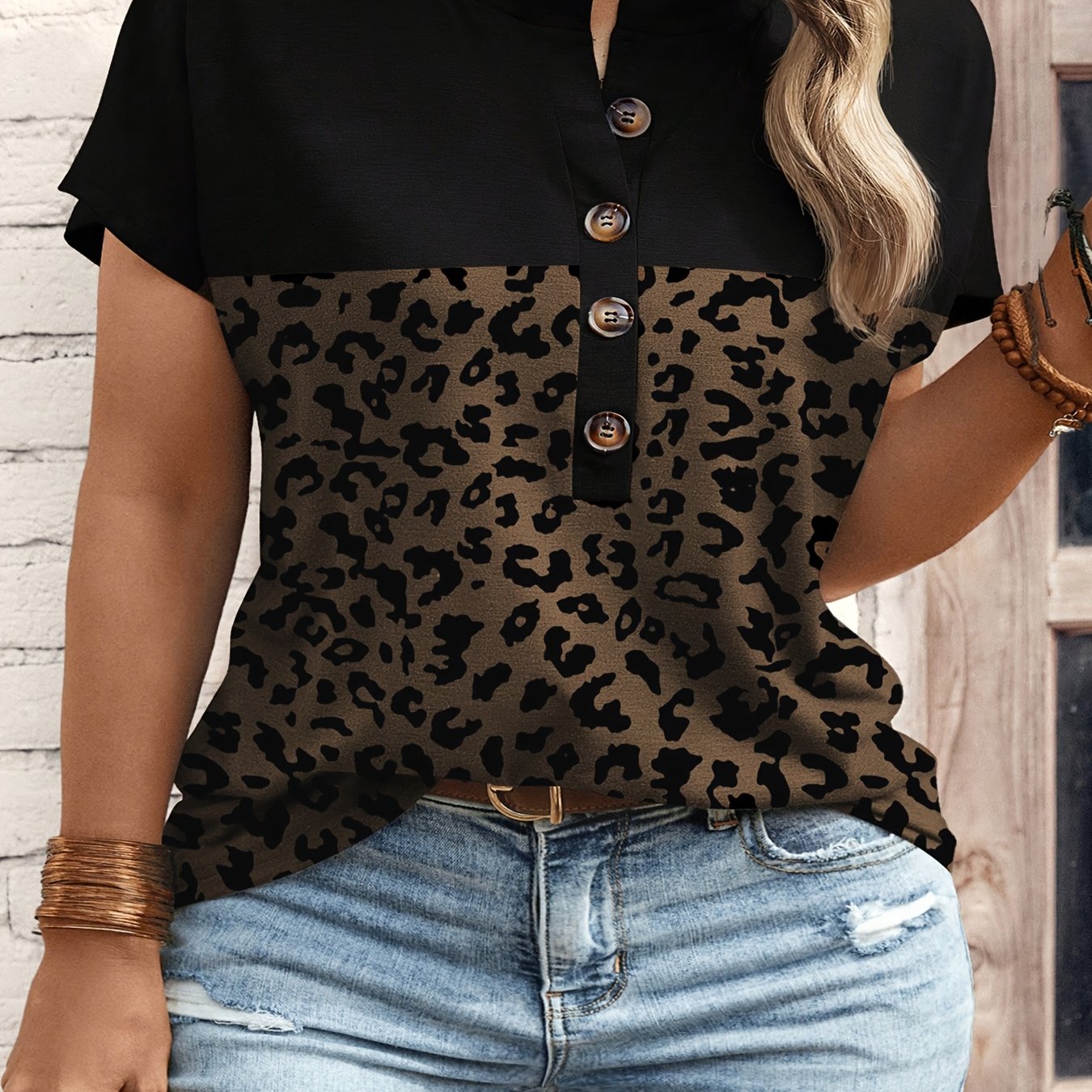 TEMU Plus Size Women's Casual Henley Top, Button- Leopard Short Sleeve T-shirt