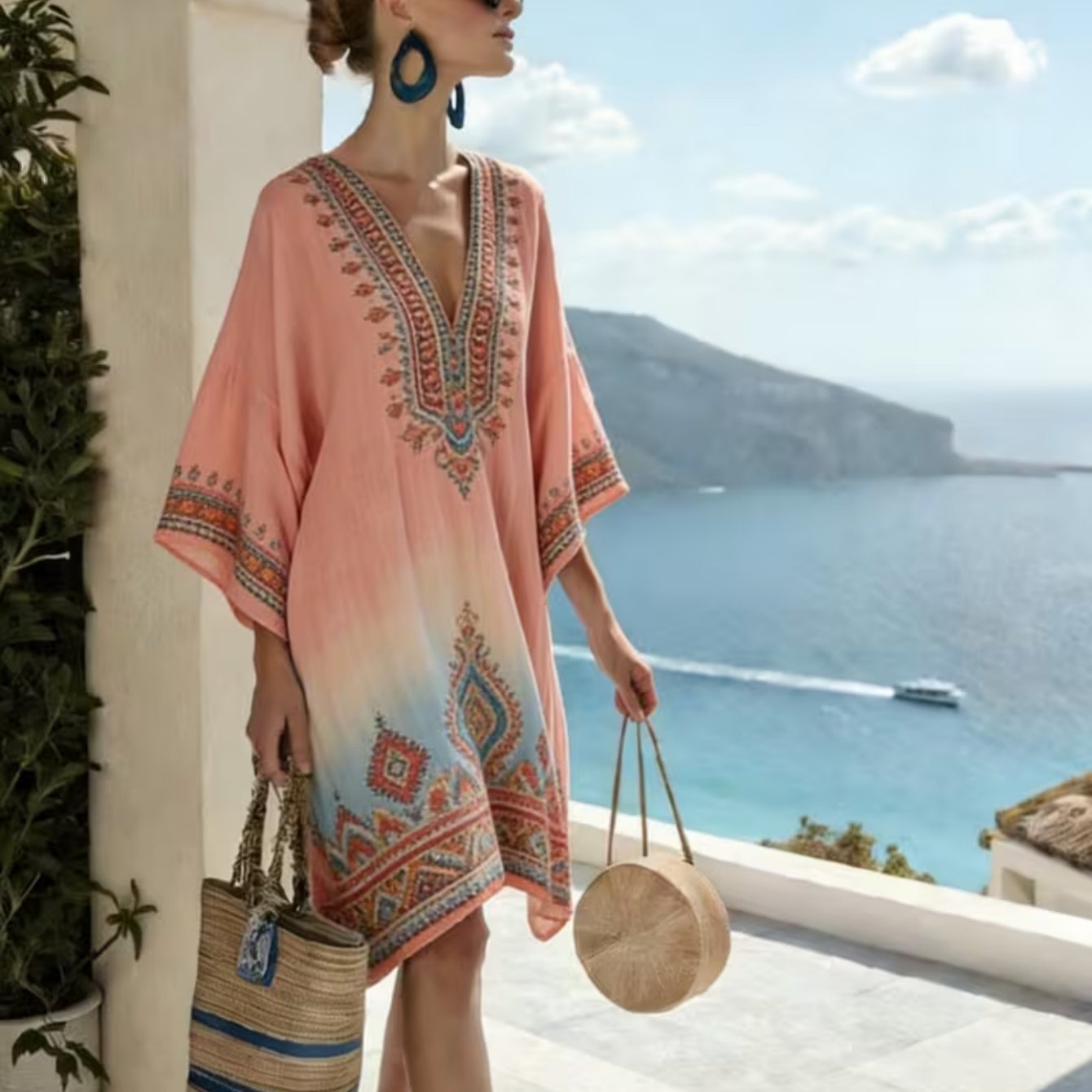Image of Women's Boho Kaftan Dress With Batwing Sleeves - Gradient -line Beach Dress, Loose Fit Batwing Suitable For Vacation, Poolside Cover Up, Casual Resort Wear, Machine Washable Bohemian Dress