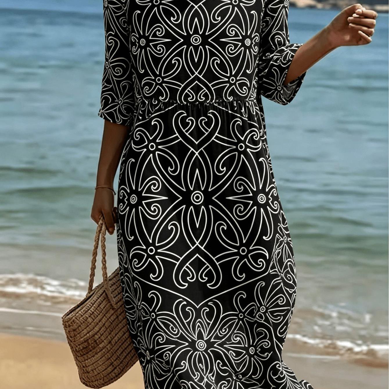 Image of Plus Size, New Arrival Plus Size Round Neck Dress Loose Round Neck And Point Sleeve White Print Daily Casual Wear