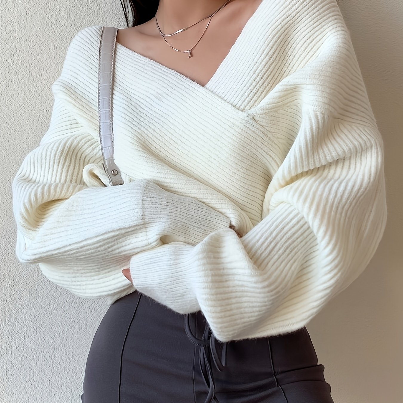 Spicy Sexy Loose Crossover V-neck Off-shoulder Sweater Women's Autumn And Winter Loose Top