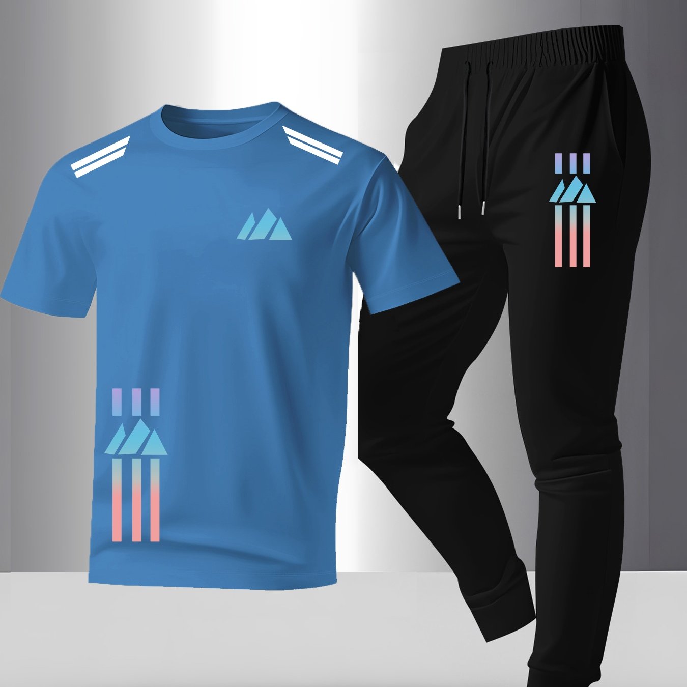 TEMU Men's Fashion Long Pants Short-sleeved Suit, Colorful Three-bar Logo Print Trendy Pattern, Breathable Short-sleeved Easy Suit, Men's Stylish