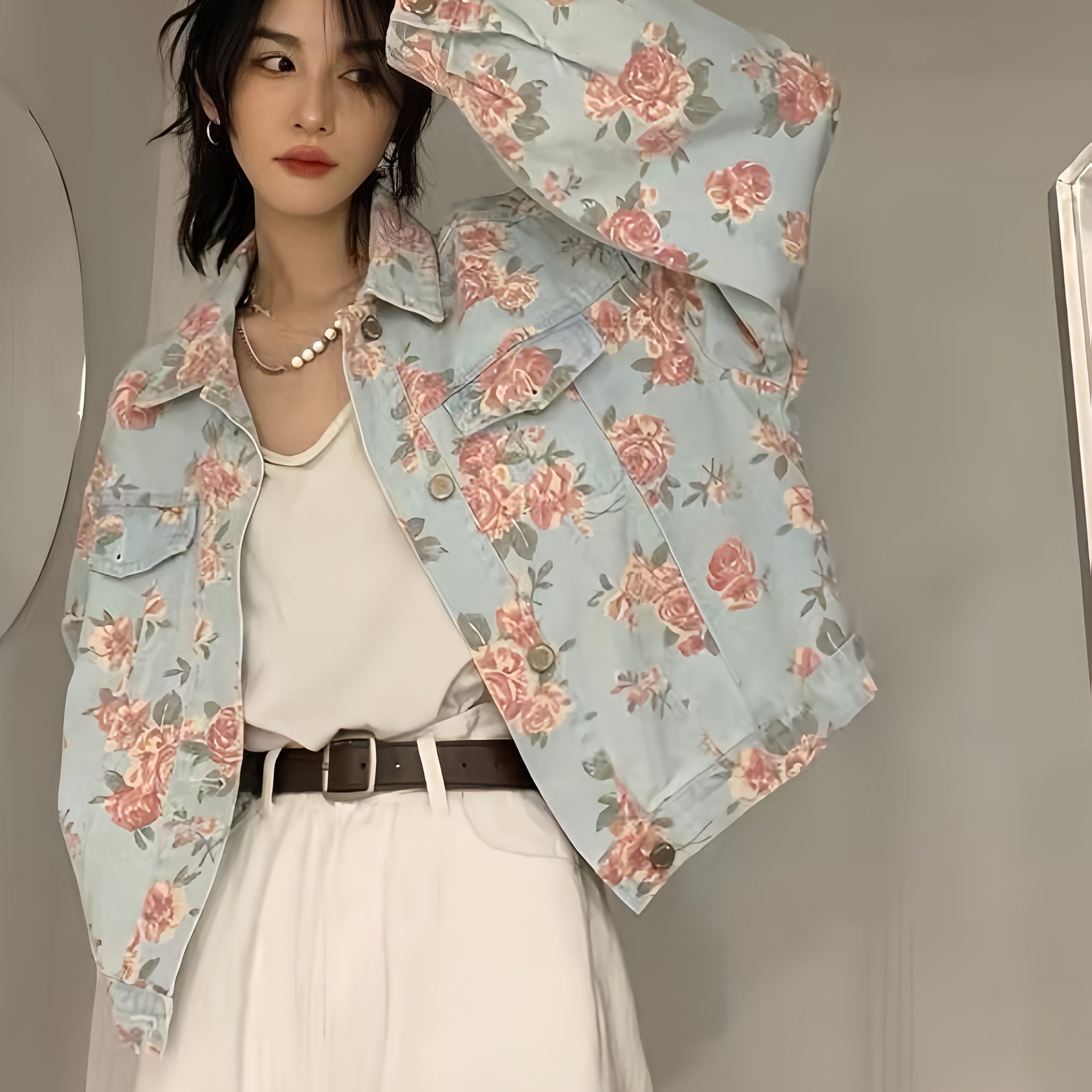 Women's Plus Size Floral Print Denim Jacket - Non-stretch Denim, Drop Shoulder Sleeves & Single Button Closure - Casual Streetwear Outerwear For Women - Spring/fall Everyday Chic Outfits