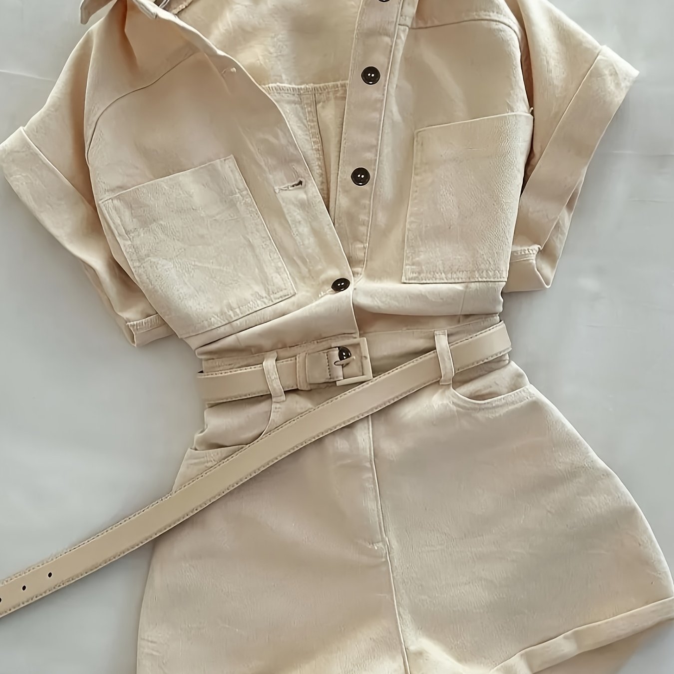 TEMU New Women's Casual Workwear Jumpsuit With Multiple Pockets, Short Sleeves, And Shorts