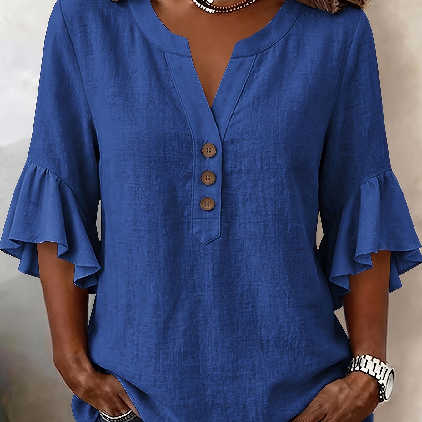TEMU Solid Color Short-sleeve Half-cardigan Shirt, Versatile Women's Tunic Top