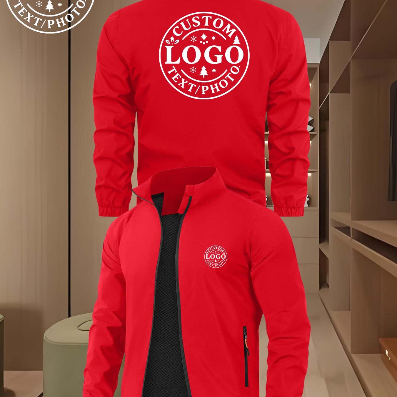 TEMU Logo Men's Collar Jacket, Fashionable And Casual Outdoor Running Jacket, Customizable Company/team Uniform Casual Jacket, Personalized Custom