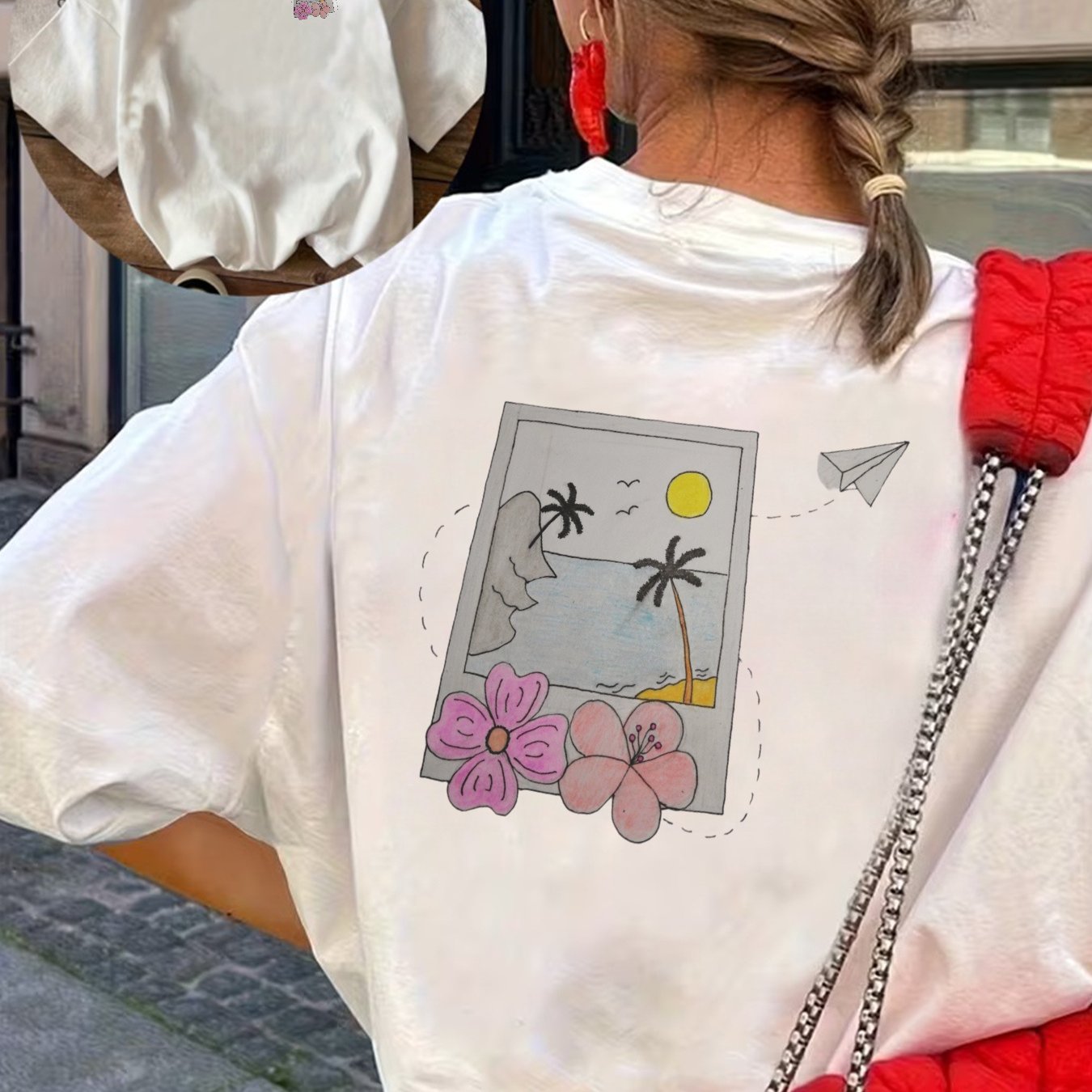 Image of Summer Beach Print Women's T-shirt: Loose , With Tropical Landscape Design, Ideal For Summer , From Local Eu Warehouse