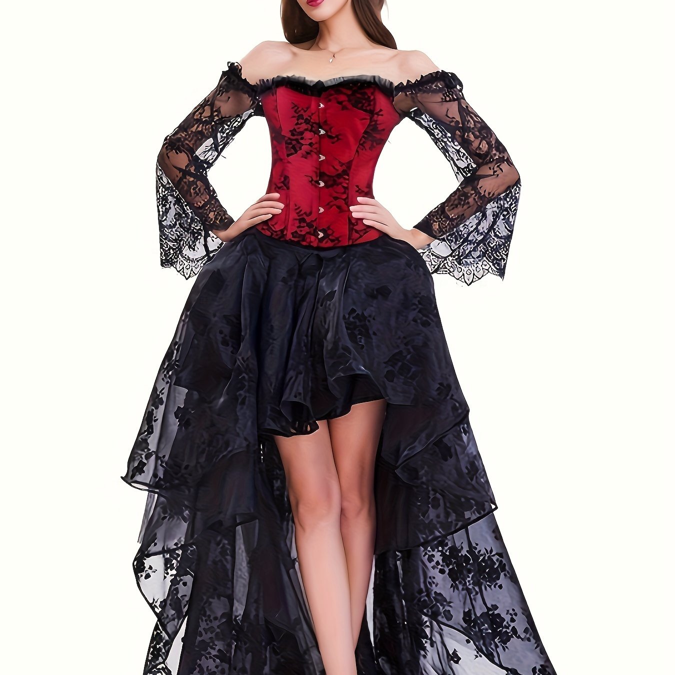 Image of . Steampunk Victorian Dark Gothic Style Off-shoulder Cinched Waist Top With Front Short And Back Long Skirt Bodysuit Set (top + Skirt)