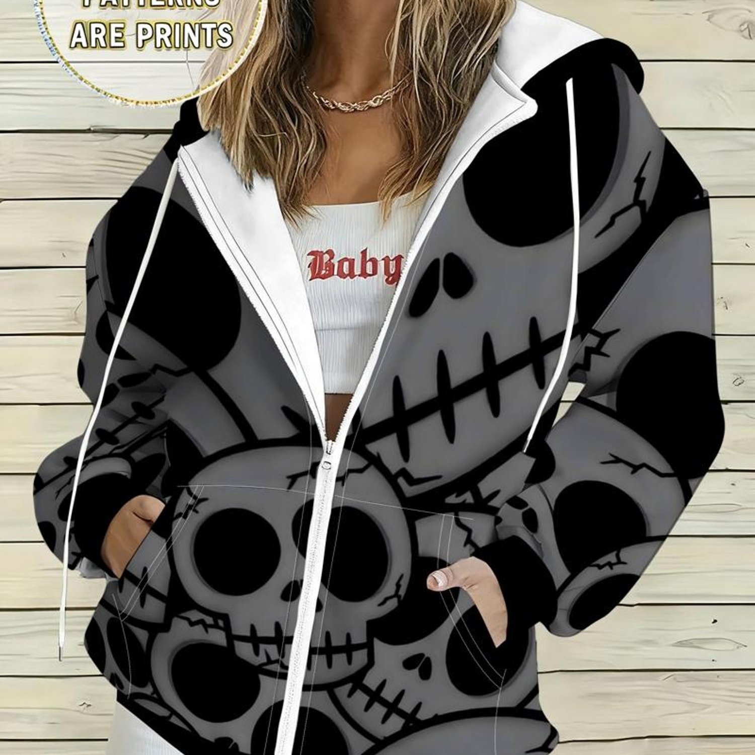 TEMU Plus Size Women's Gray Black Halloween Print Hooded Zipper Jacket, Loose Cardigan Sweatshirt, Cartoon Skull Cracked Stitching Full Print,