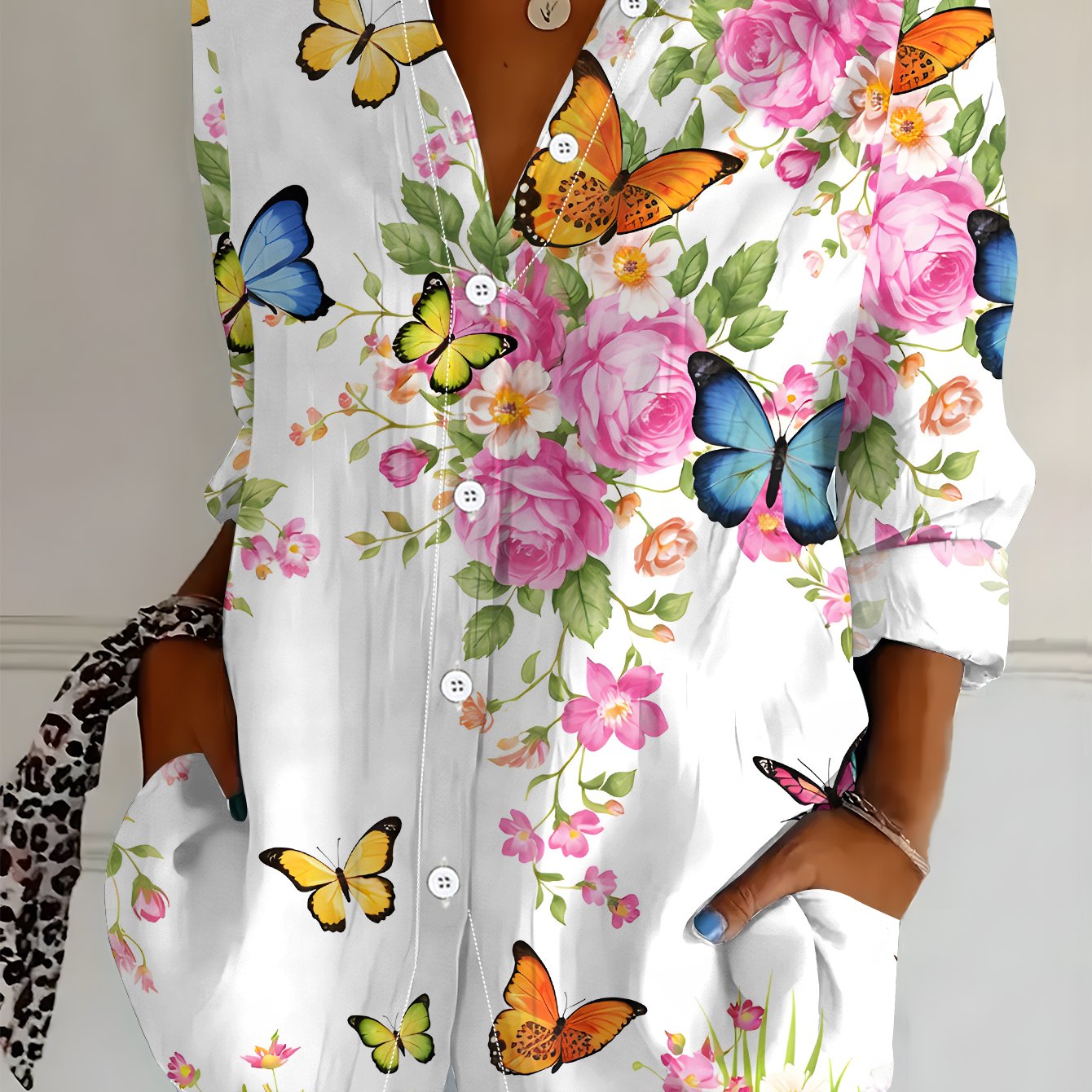 TEMU Plus Size Women's Long Sleeve Shirt With Floral Butterflies, Loose Printed Shirt, Pattern Mid-length Women's Long Sleeve Collared Shirt, Fresh