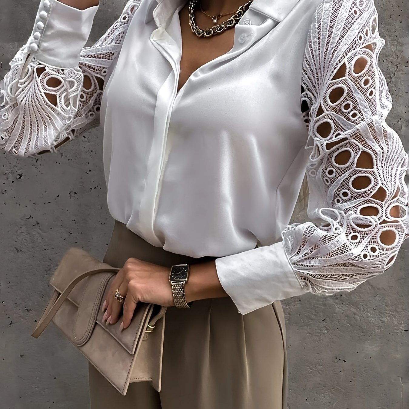 TEMU Chemise à manches en dentelle et patchwork avec boutons - Manches longues, revers, blouse opaque pour femmes, idéale pour ou les tenues
