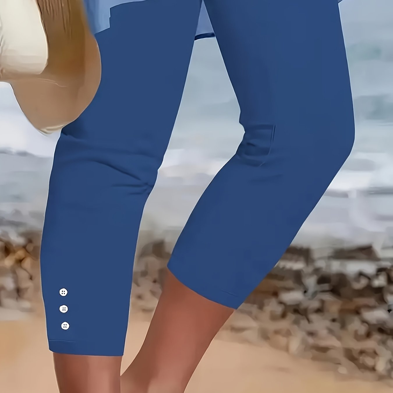 TEMU Women's Elegant Solid Color Capri Pants - Elastic Button Design, Machine Washable Spring/summer Casual/formal Trousers, Opaque Fabric