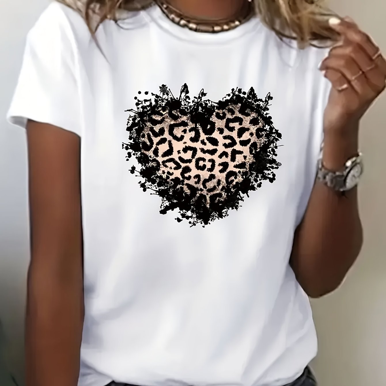 Polka Dot Heart Print Round Neck T-shirt, Fashion Short Sleeve T-shirt Women's Clothing
