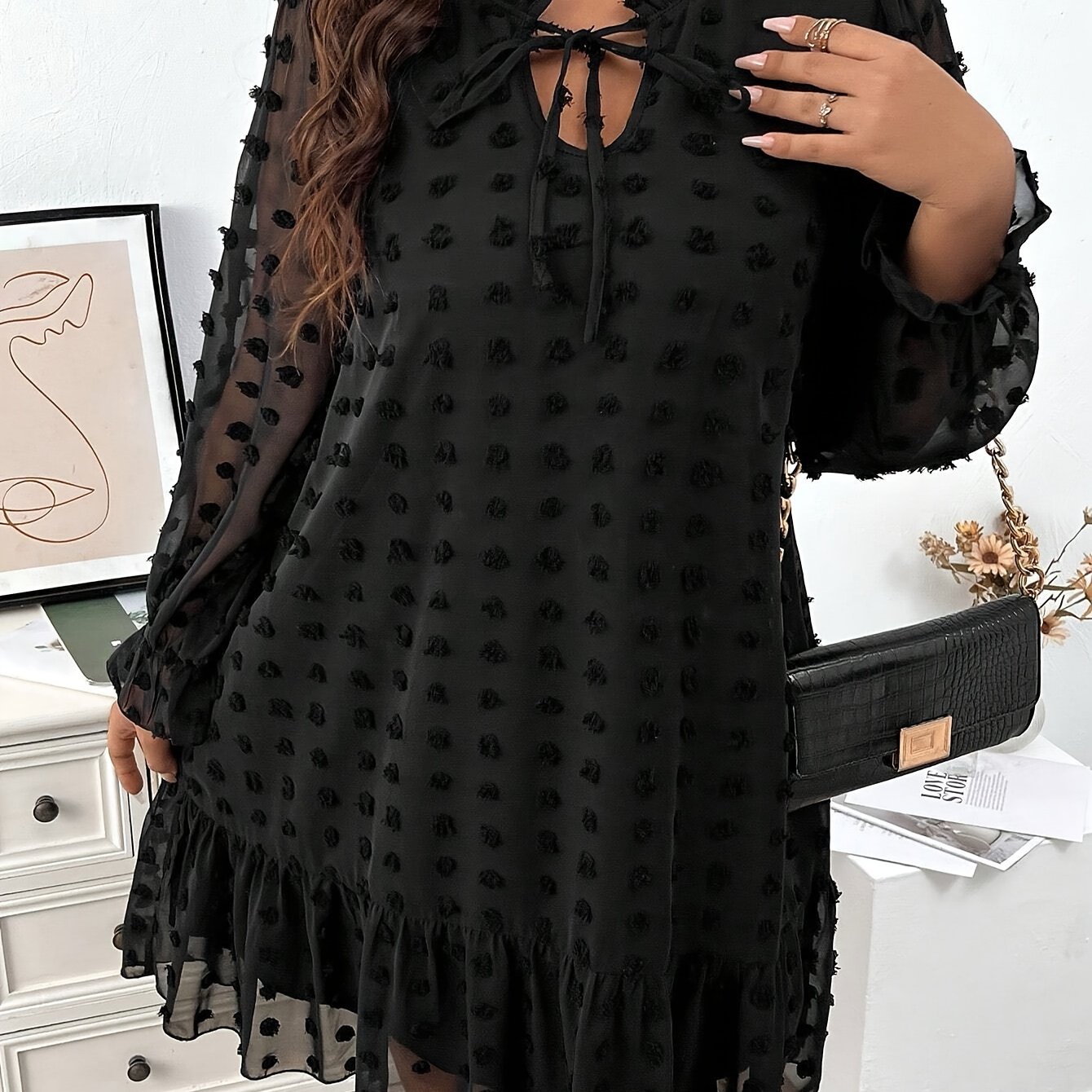 TEMU Plus Size Solid Swiss Dot Ruffle Hem Dress, Elegant Long Sleeve Tie Neck Dress For Spring & Fall, Women's Plus Size Clothing