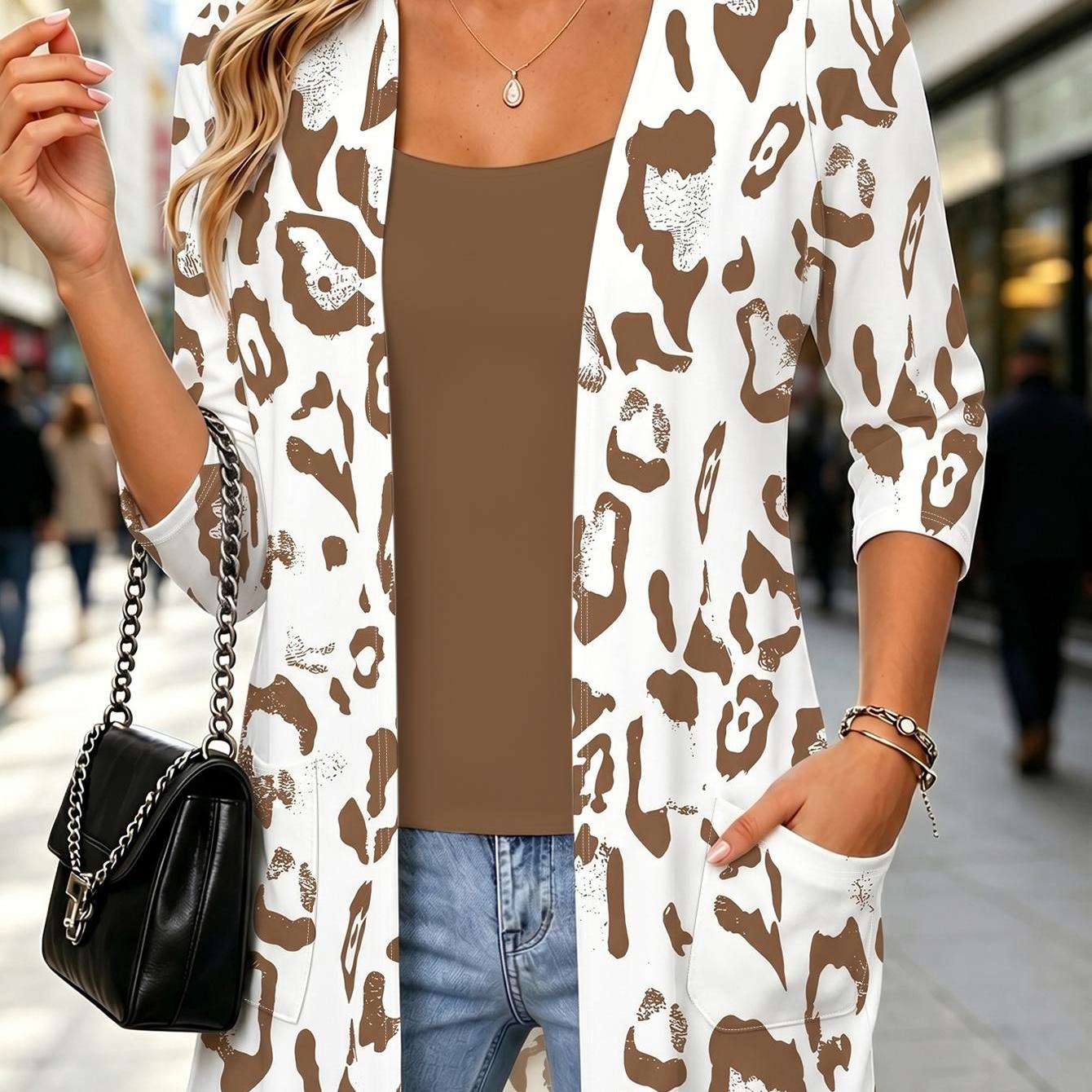 Image of Plus Size, Plus Size Women's 2pcs Matching Outfit, Solid Camisole Inner Top+ Leopard All Collarless 3/4 Sleeve Double Pocket Mid-length Loose Thin Cardigan 2pcs Set, Mature